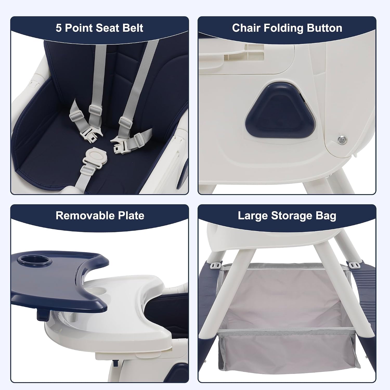 3 en 1 Chaise Haute bébé Evolutive Pliable Chaise Haute Inclinable Enfant Chaise Reglable Hauteur avec Roue Verrouillable et Double Plateau, porte-jouets, de 6+ Mois, 4 Angles Ajustables