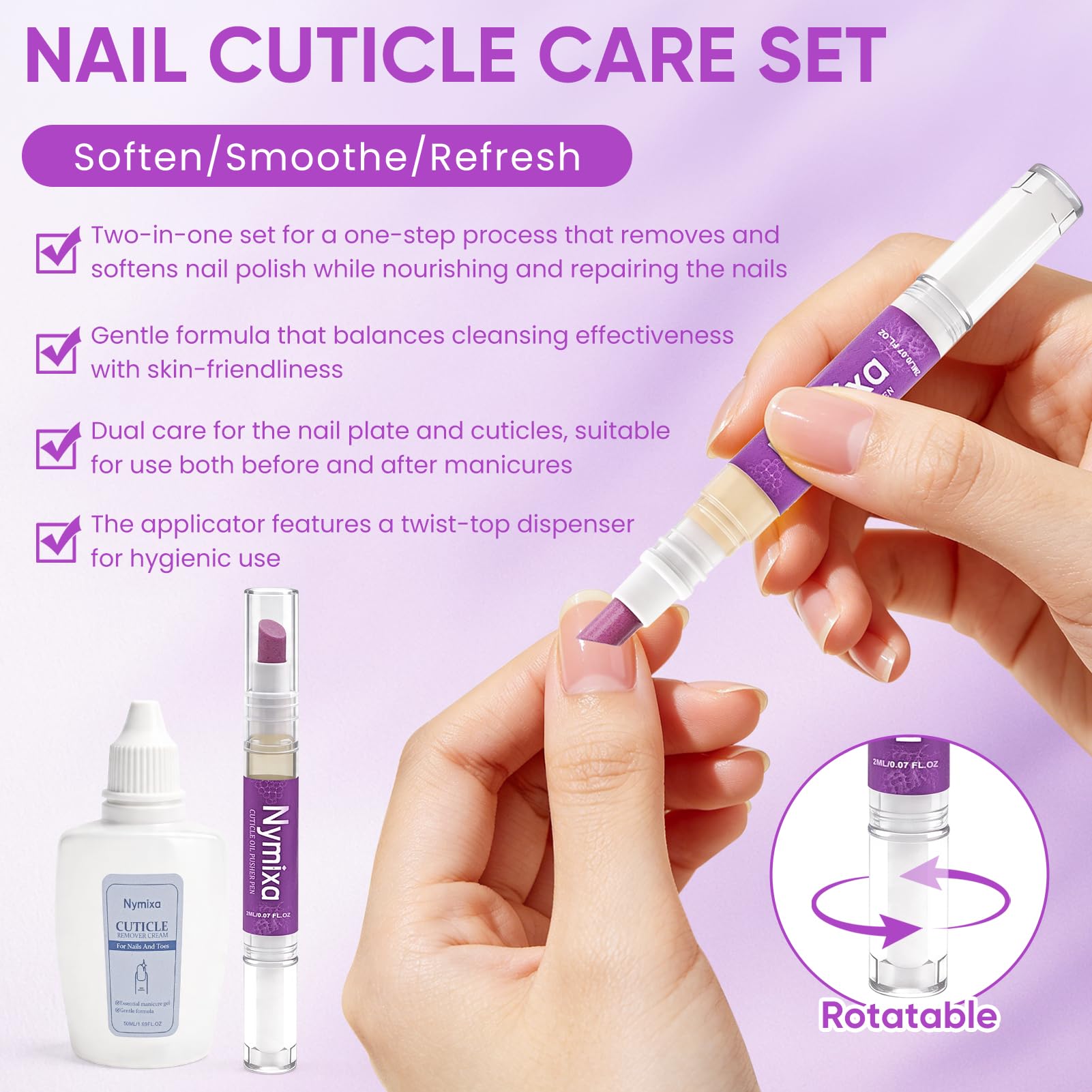 Set per la cura delle unghie 2 pezzi, penna per la cura delle unghie, rimuovi cuticole, penna per olio per cuticole 3 in 1, per riparare unghie screpolate e secche