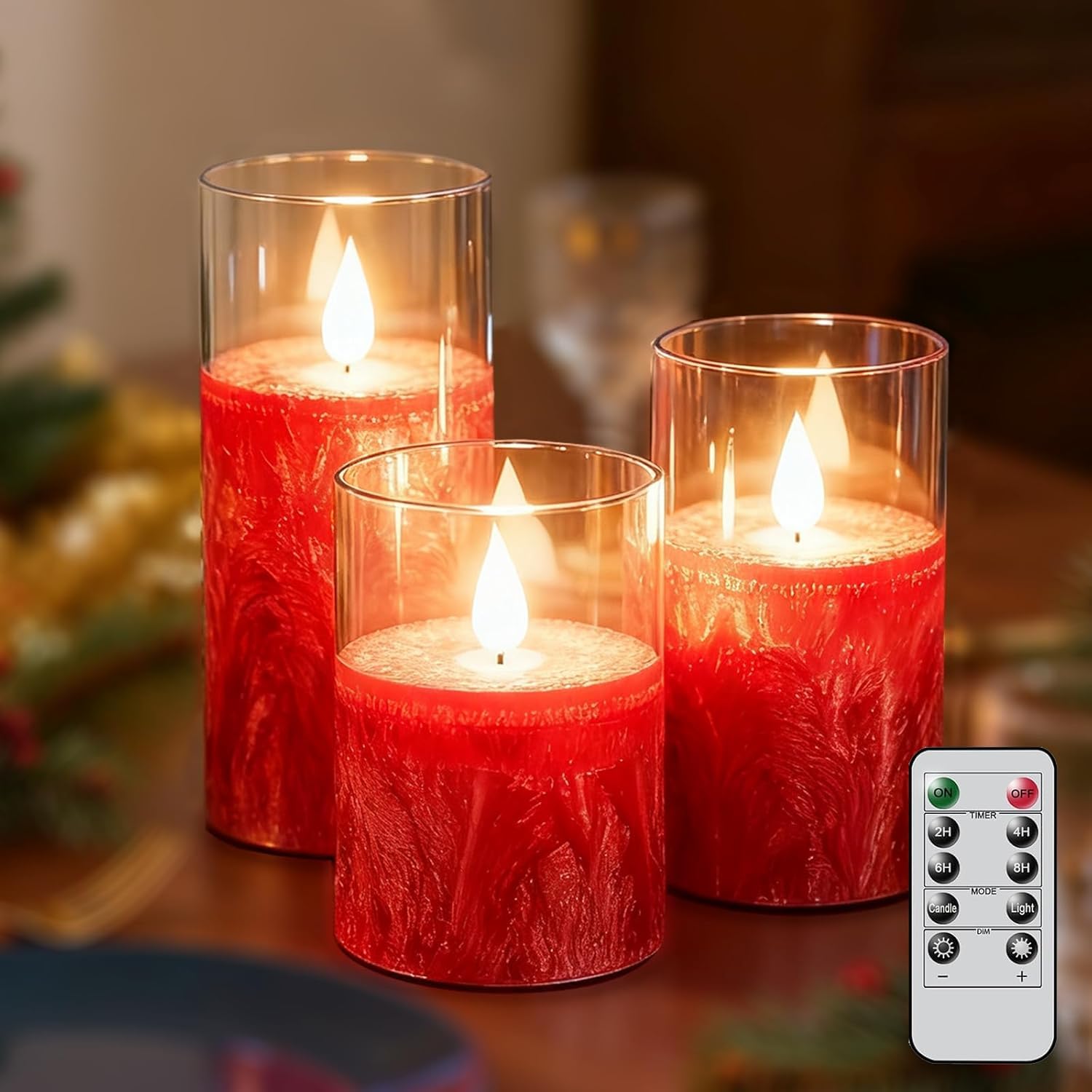 Flameless Votive Candles, 3 Pcs Flickering Flameless Red Candle Lights with Remote & Timer, Battery Operated LED Candle Lights for Halloween Christmas Wedding (Red)