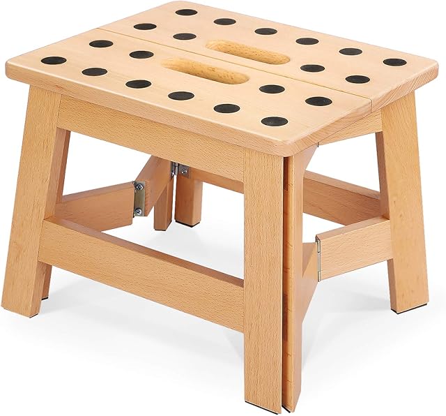 Jiodux Non-Slip Foldable Wooden Step Stool 8"(H) Kitchen Stepping Stools, Convenient Carrying Handles Suitable for Holds up to 300lbs, Folding Wooden Stool, Safer, Stronger, Greener-Patented product