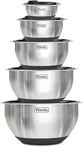 VIKING Mixing Bowls Set, 10 Piece Stainless Steel Kitchen Cookware, Non-Slip Silicone Base, Includes Tight Fit Lids, Dishwasher Safe, Black