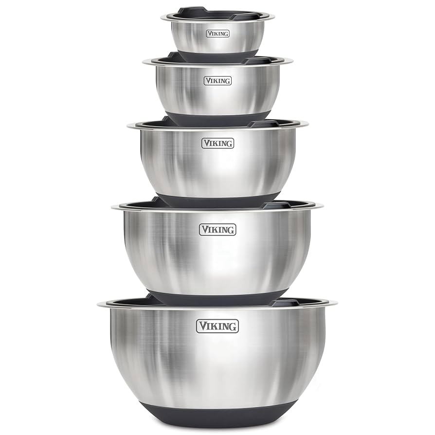Viking Mixing Bowls Set, 10 Piece Stainless Steel Kitchen Cookware, Non-Slip Silicone Base, Includes Tight Fit Lids, Dishwasher Safe, Black