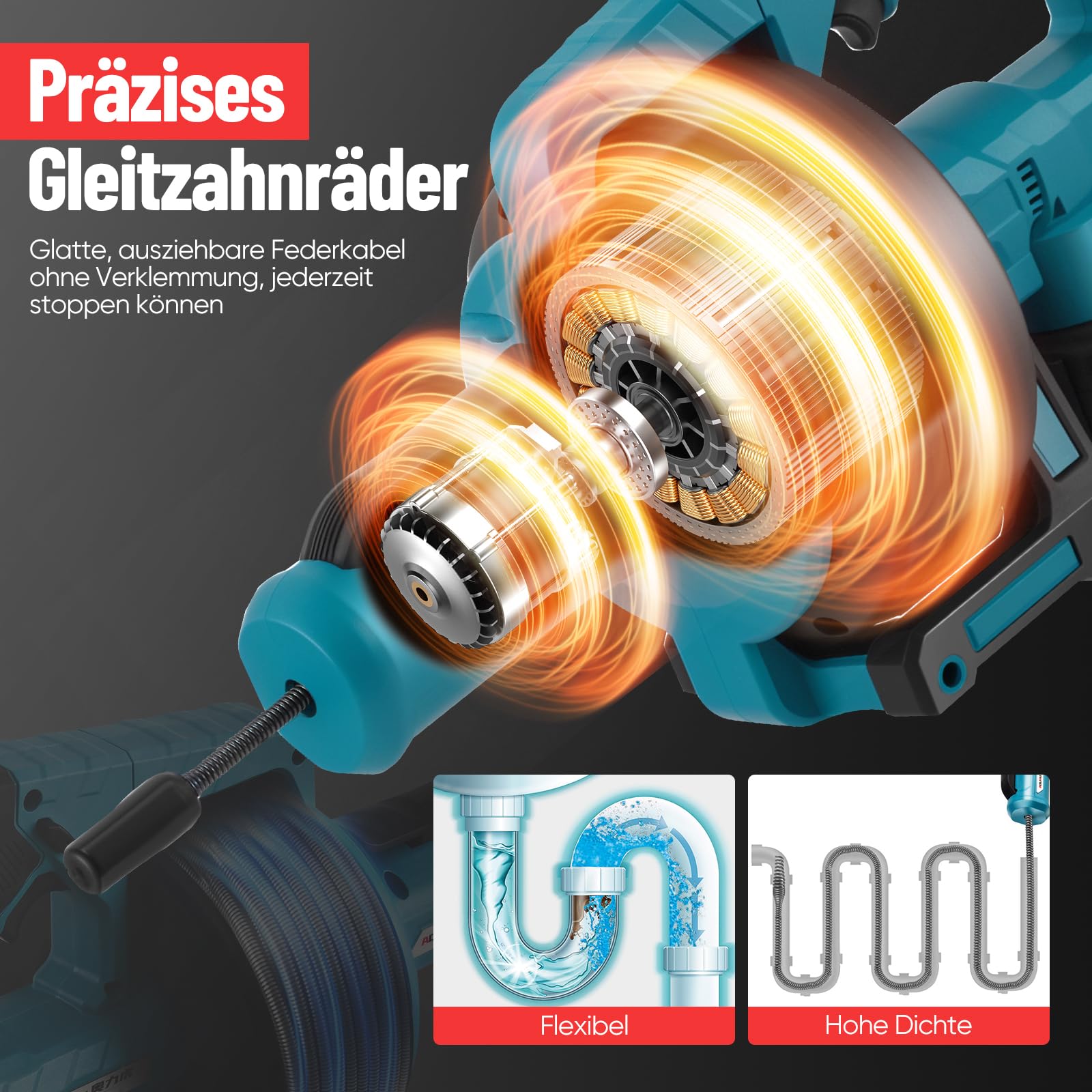 Akku Rohrreinigungsmaschine für Makita Akku 21V,rohrreinigungsspirale elektrisch mit 7.4M, Geeignet für 35–100 mm Rohre,spirale abfluss rohrreinigung für Abwasserkanäle, Toiletten(ohne Akku)