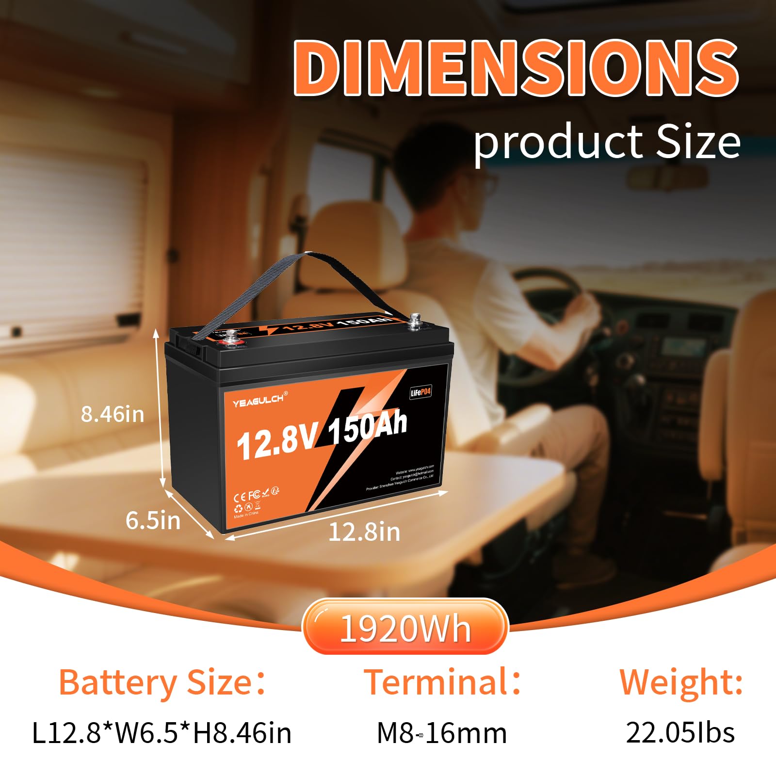 Yeagulch Batteria Litio 12V 150Ah LiFePO4 da 1920Wh 15000 Cicli con BMS 100A per Camper Impianto Solare Casa e Backup