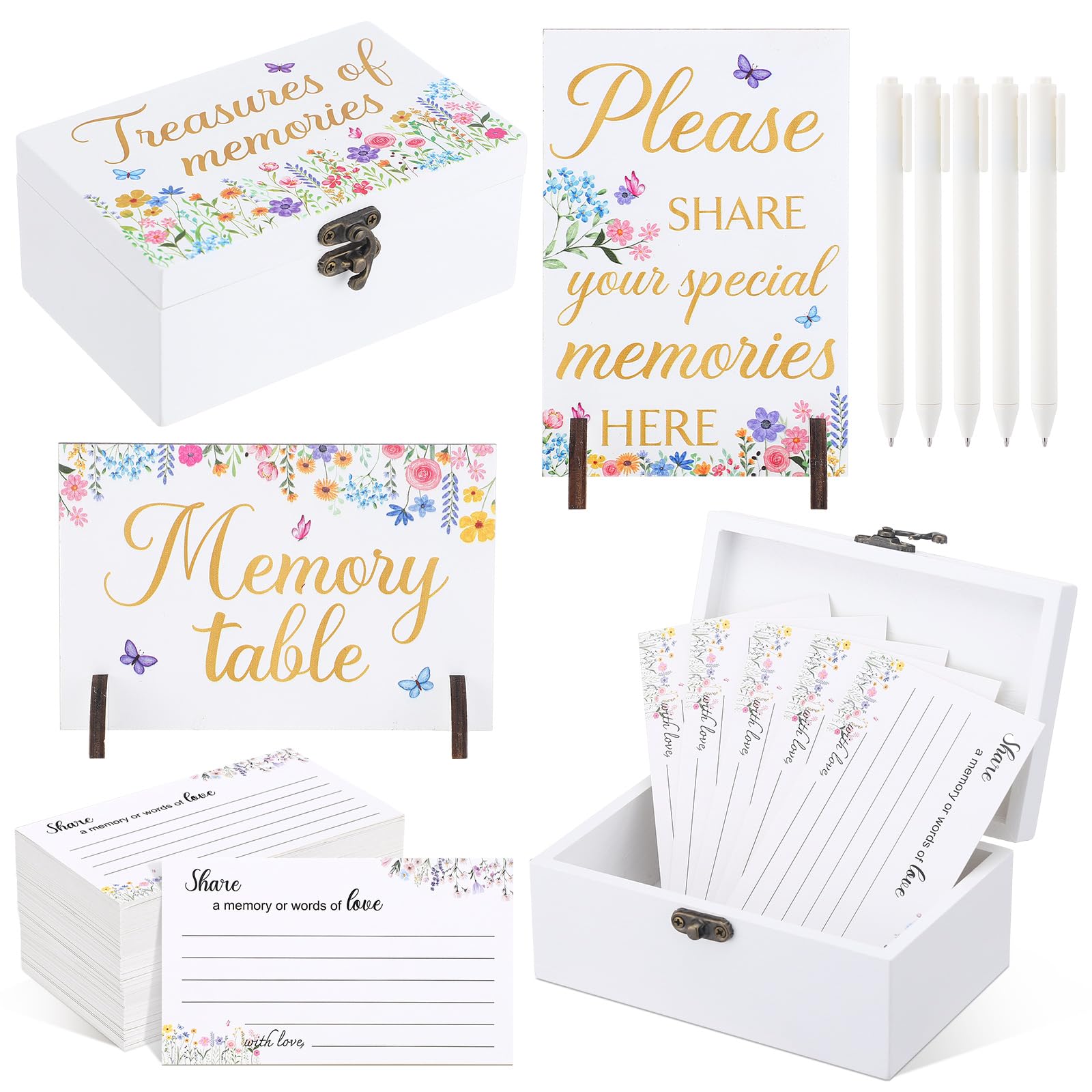 Gilprop Share a Memory Card for Celebration of Life 100 Pcs Funeral Memorial Cards 2 Wood Sign with 4 Holds Memorial Box with Pen for Funeral Decorations(Wildflowers) โ image 1