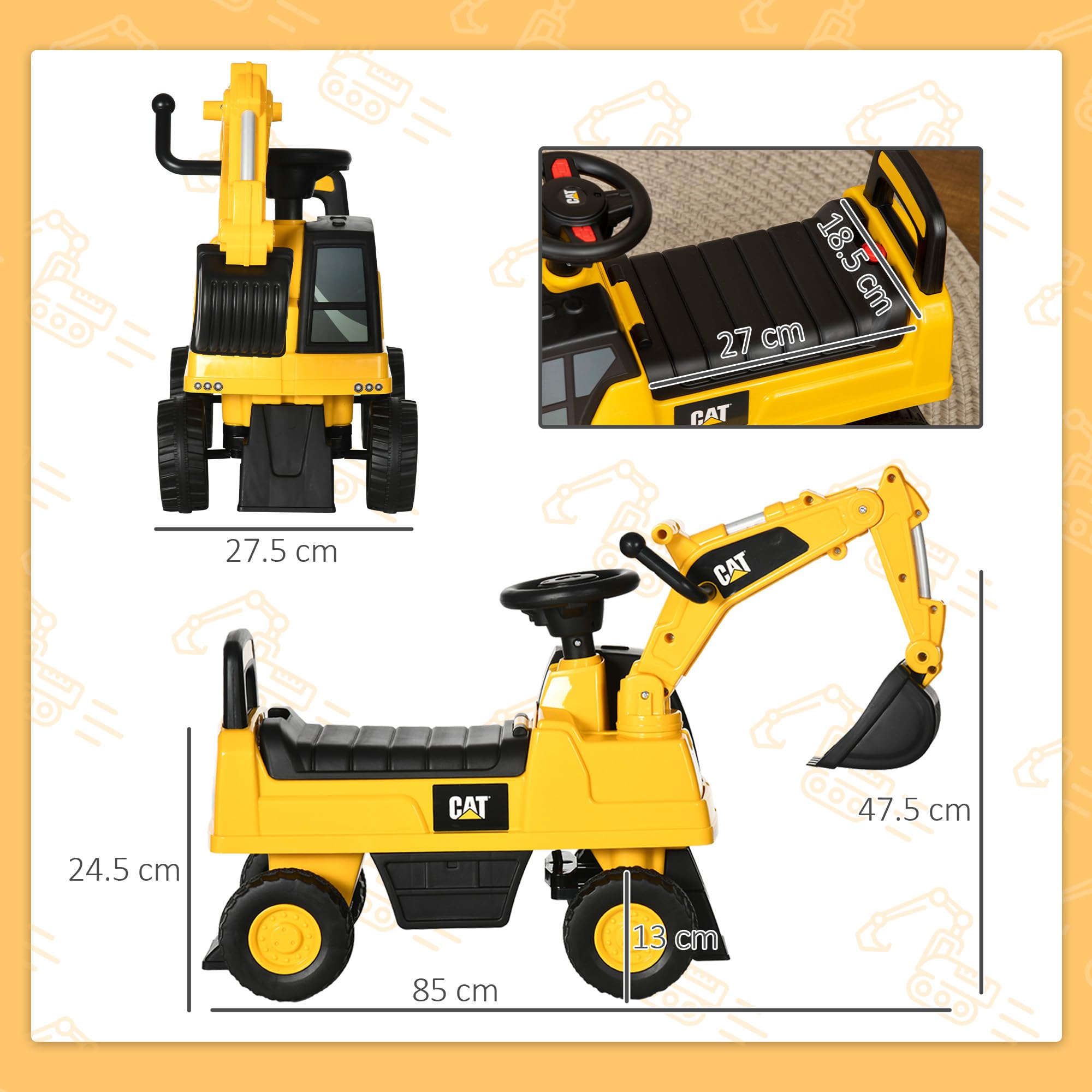 HOMCOM Ruspa Giocattolo con Licenza Caterpillar e Vano Contenitore, Escavatore Giocattolo Cavalcabile per Bambini da 1-3 Anni, Senza Batteria, Giallo