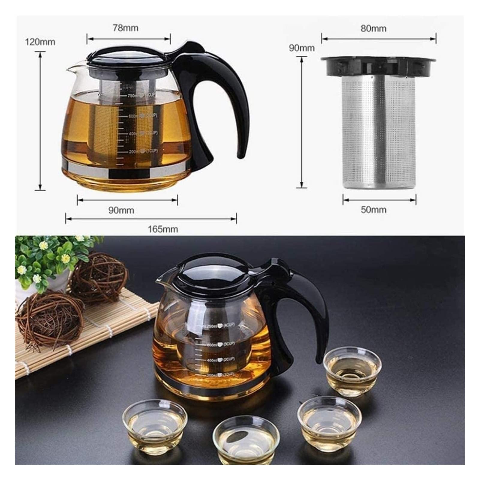 Tetera Tetera Tetera de Hierro Fundido Tetera de Vidrio Transparente con infusor de Acero Inoxidable 304 Colador y Tapa para té Suelto para té y café (1200ML) Accesorios para té