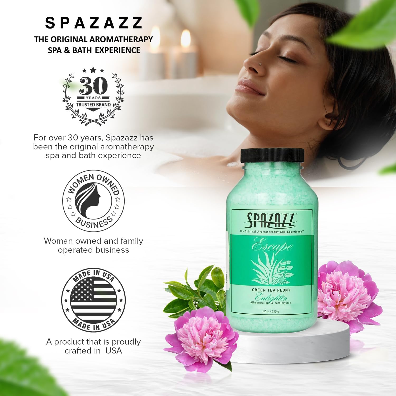 Spazazz Hot Tub Aromatherapy Crystals – Green Tea Peony 22oz-2 Pack – Spazazz Aromatherapy Hot Tub Spa Soak for Hot Tubs & Bathtubs – Premium Spa Crystals - Safe for All Equipment