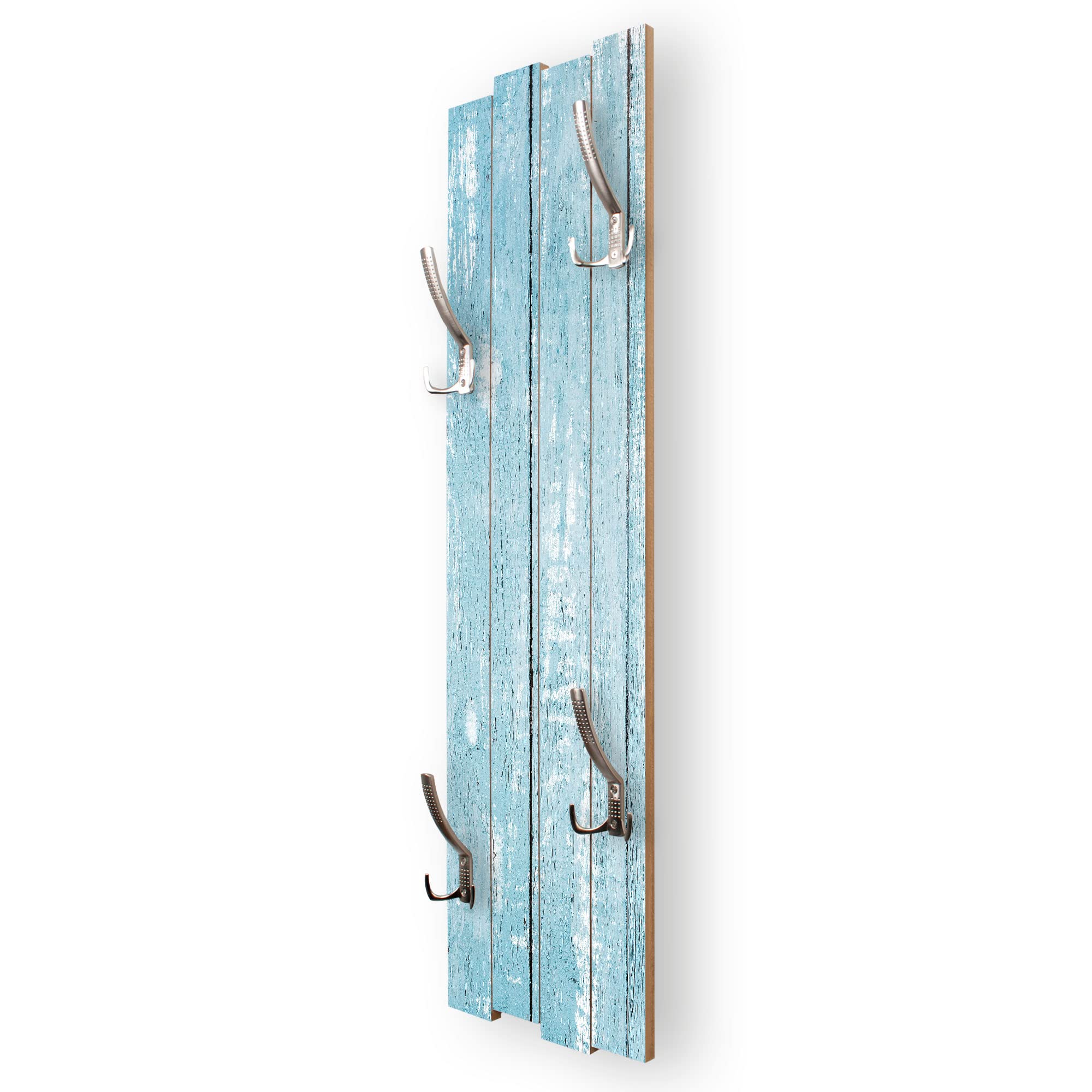 Kreative Feder Wand-Garderobe Altes Holz hellblau Shabby-Chic Vintage ca. 100x30cm mit vier Haken (Altes Holz hellblau)