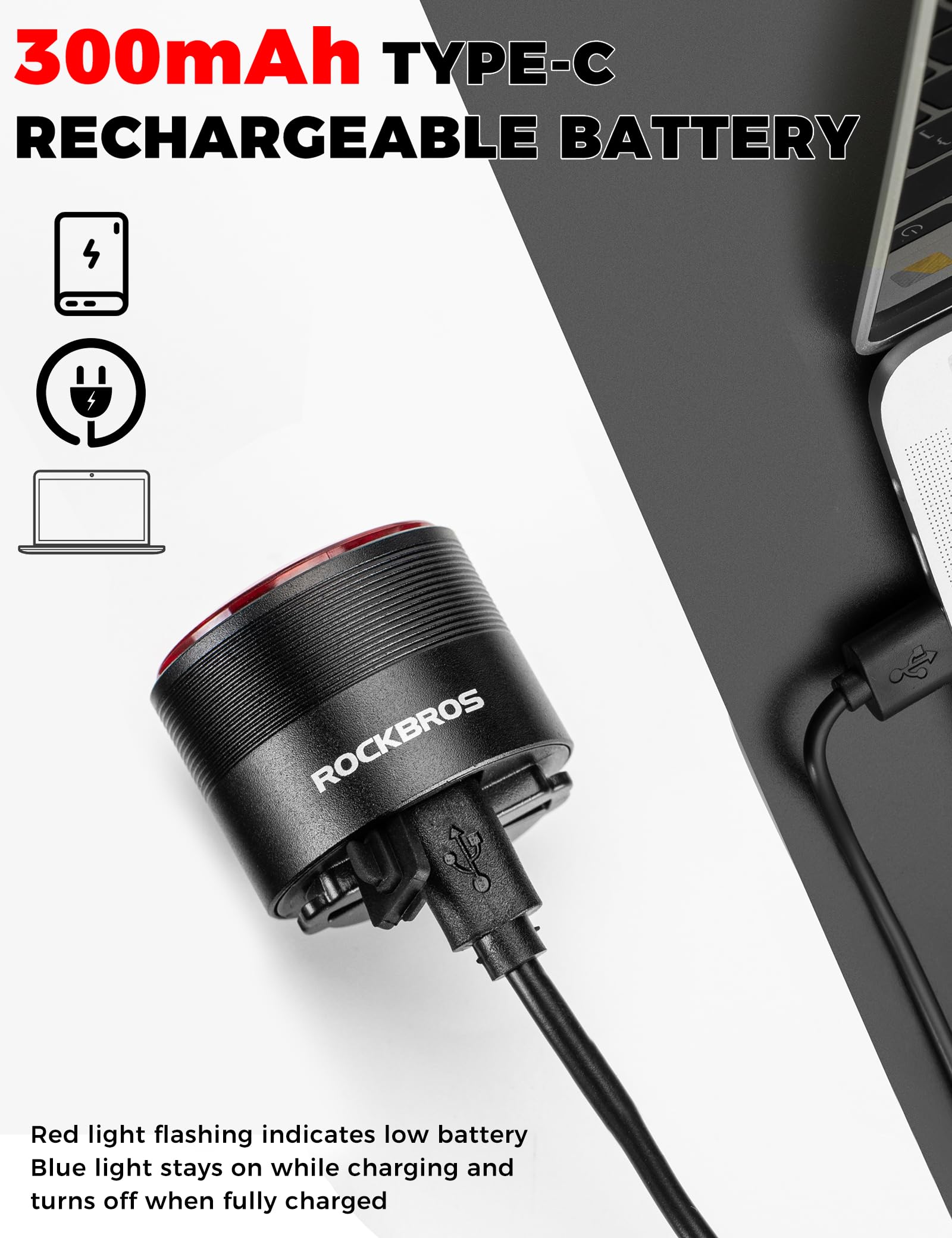 ROCKBROS Luce Posteriore per Bici, Fanale Posteriore Fanalino con Freno Intelligente, LED COB a 4 modalità Illuminazione, Impermeabile IPX6, USB Ricaricabile, 2 Modi Installazione Facile