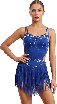 IWEMEK Rhinestone Fringe Bodysuit Women Sparkly Latin Jazz Dance Costume Halter Tassel Fringe Romper Acrobat Trapeze Outfits