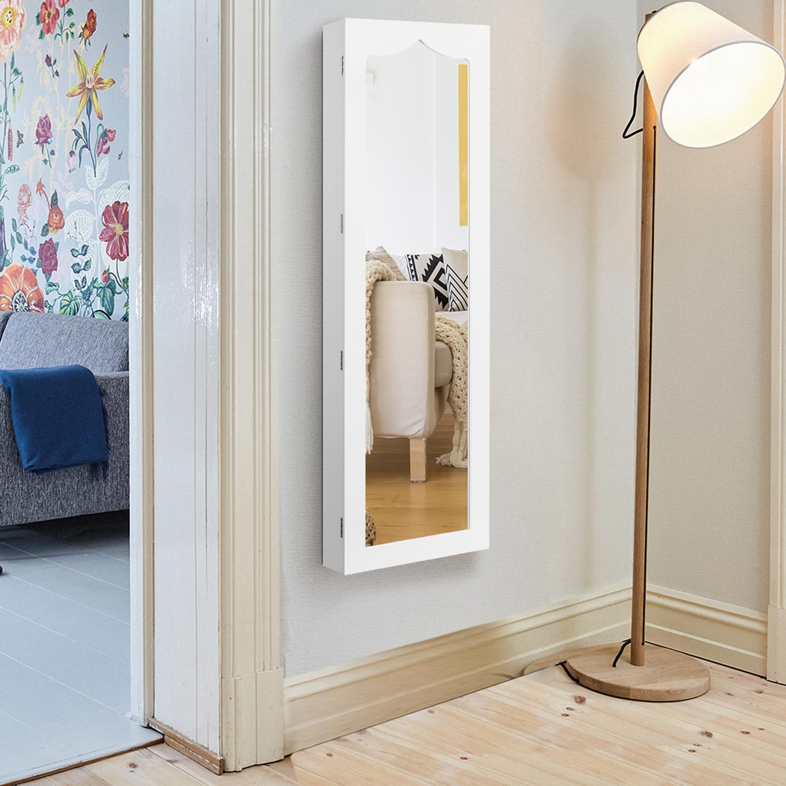 COSTWAY Espejo Joyero de Pared, Armario Joyero con Espejo de Cuerpo Entero, Iluminación LED, Armario para Joyas de Puerta con 6 Cajones, Cerradura, Gran Espacio de Almacenamiento