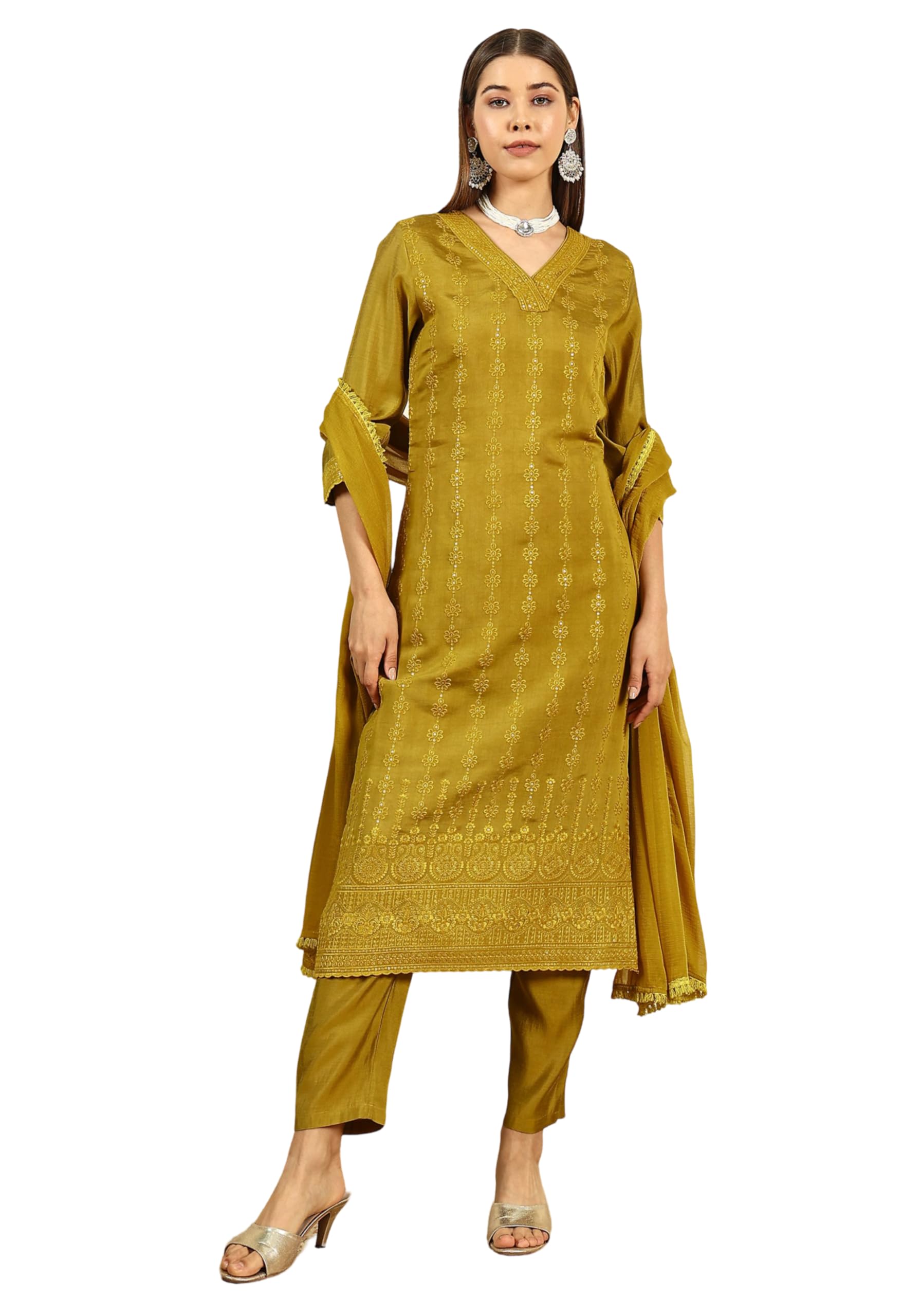 shopping queen Women's Silk Blend Chikankari Embroidery Kurta Set with Dupatta-picture-14