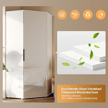 ELEGANT Corner Mirrored Wardrobe with 2 Hanging Rails and 5 Storage Shelves