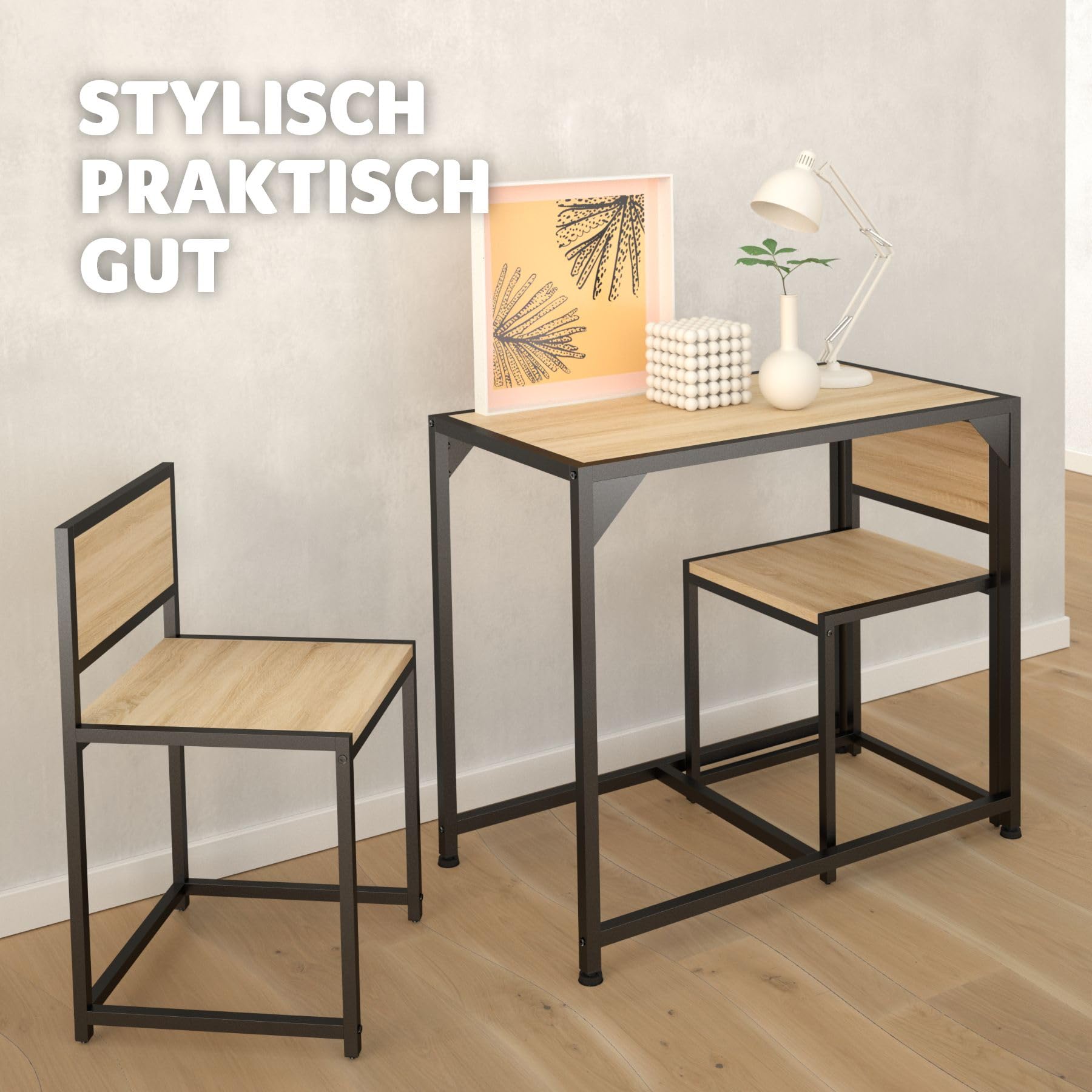 tectake Sitzgruppe 3-teilig im Industrie-Design, Essgruppe für 2 Personen aus Holz + Metall, Esszimmer Set mit Esstisch und 2 Stühlen, schwarzes Metallgestell (Industrial Holz hell, Eiche Sonoma)
