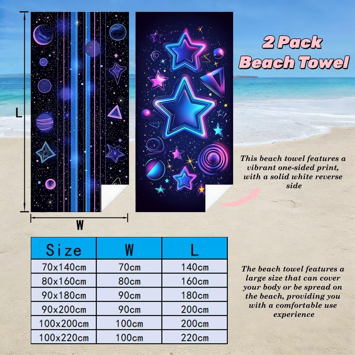 Ręcznik plażowy 90 x 180 cm, ręcznik gimnastyczny z mikrofibry szybkoschnący zestaw 2 ręczników plażowych, lekki kompaktowy ręcznik z mikrofibry duży do podróży, prezent dla mężczyzn i kobiet (gwiazda