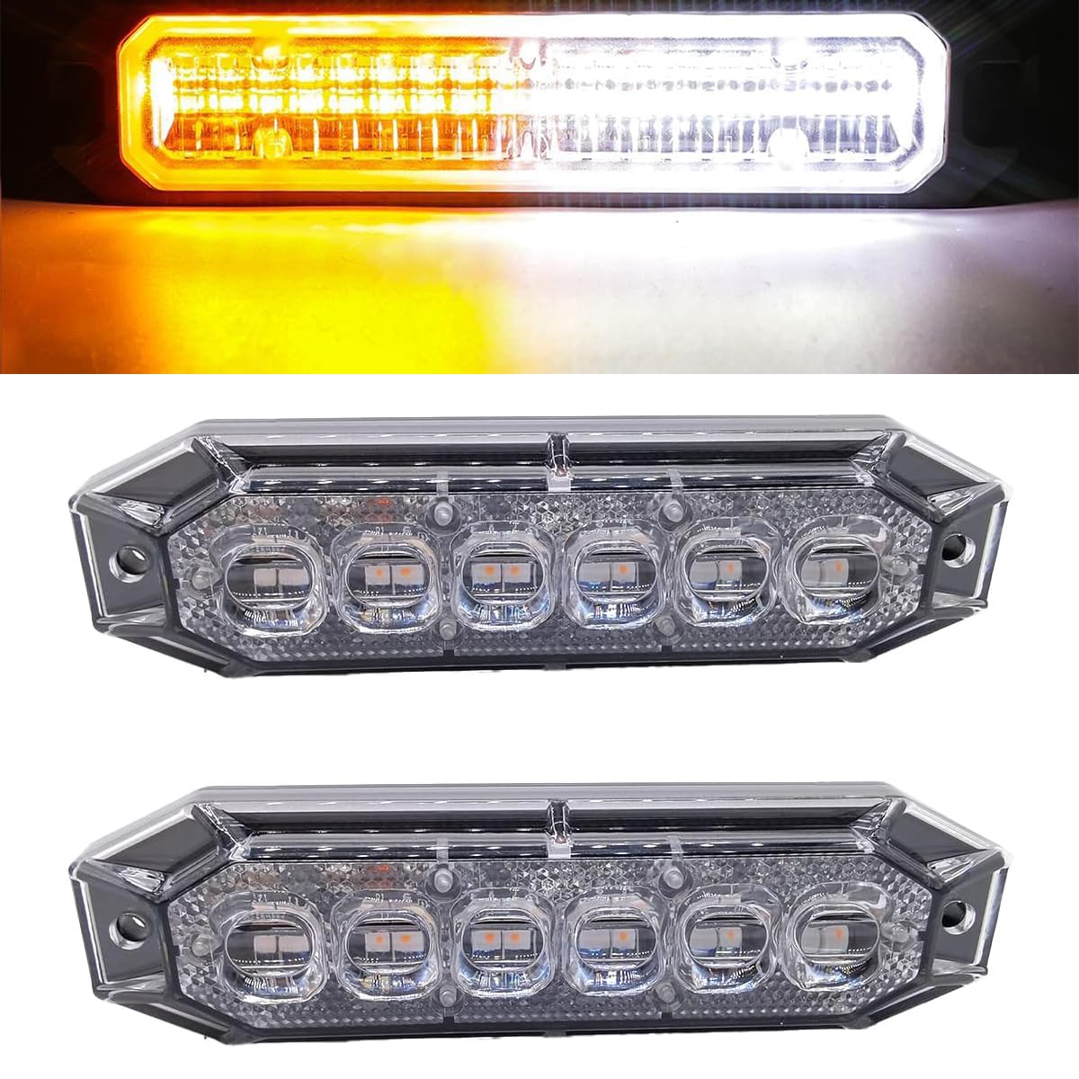 2PCS Amber Strobe Lights Emergency Strobe Grille lights Warning Hazard Flash Strobe Lights 6 LED 12V 24V for Police Car, Tow Truck, Cars Trucks Van Off Road Vehicles SUV ATV (Amber/White)