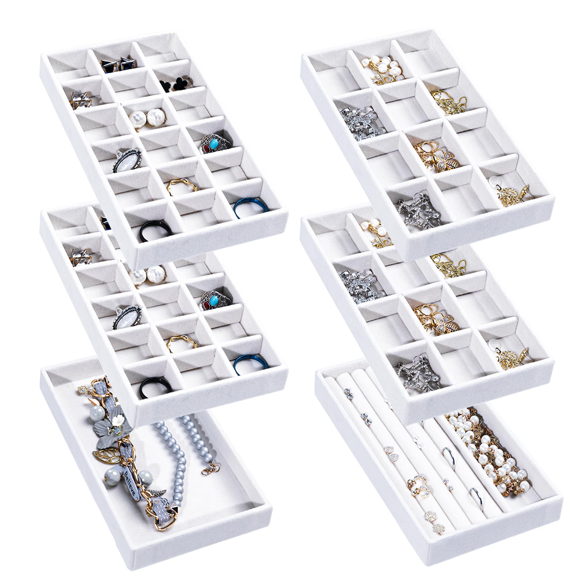 Frebeauty, Jewelry Organizer Tray for Women Stackable Velvet Drawer Insert Earring Organizer Display Rack for Rings Necklace Earrings Set of 6 White