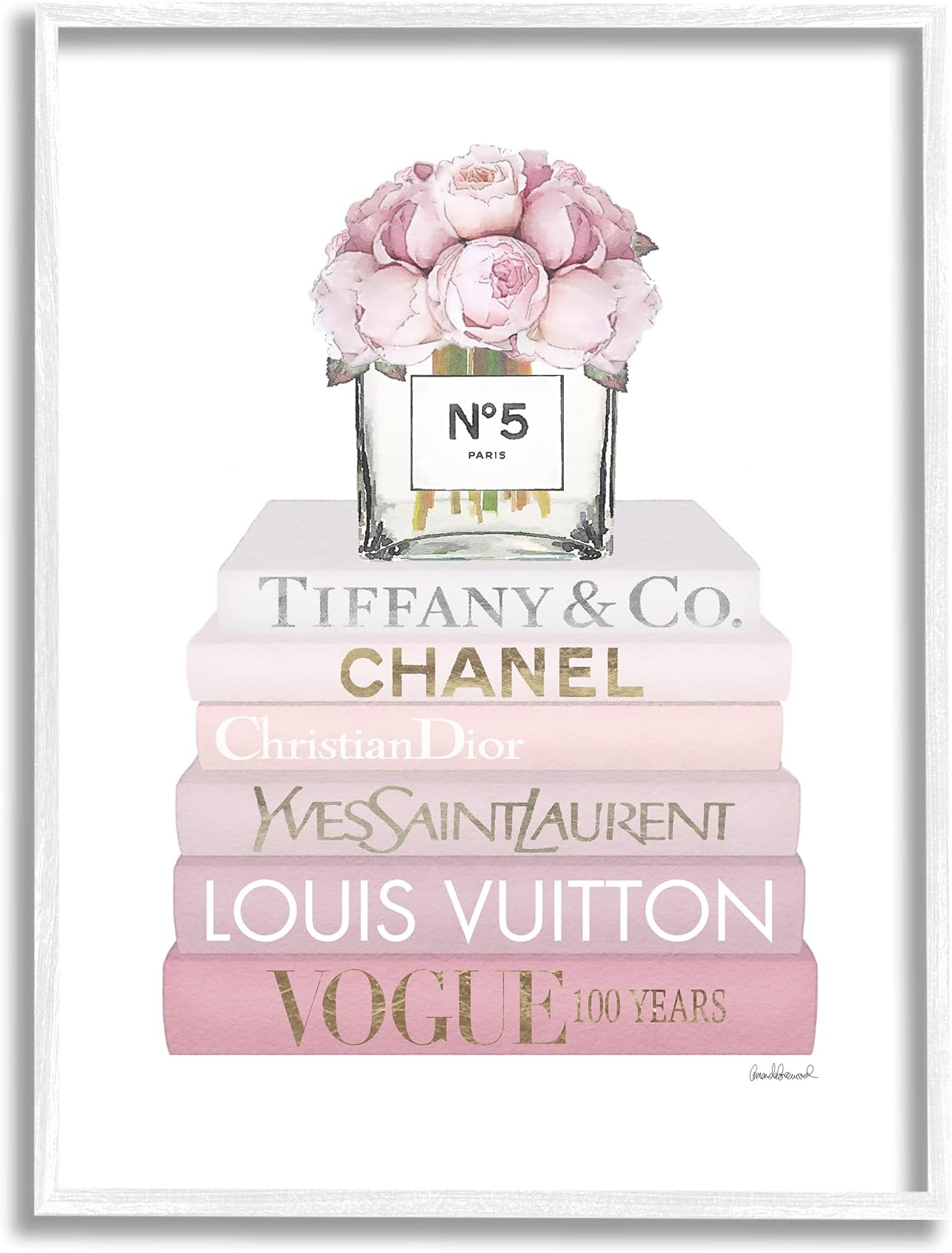 Stupell IndustriesPink Rose Bouquet Fashion Style Bookstack, Designed by Amanda Greenwood White Framed Wall Art, 11x14