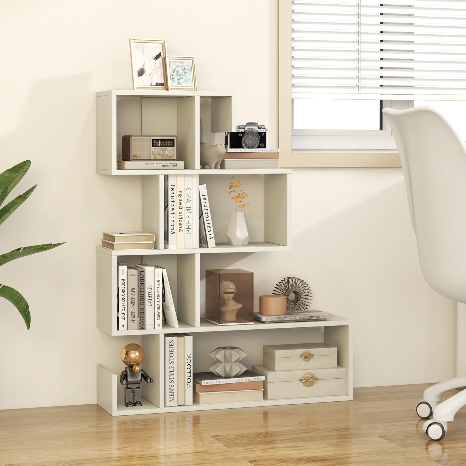 HOMASIS Libreria a Forma di Mossa con 5 Livelli, Scaffale Aperta a Forma di S in Legno, Libreria Divisoria con Protezione Anti-Ribaltamento per Soggiorno, Studio, 80 x 22 x 100 cm (Bianco)