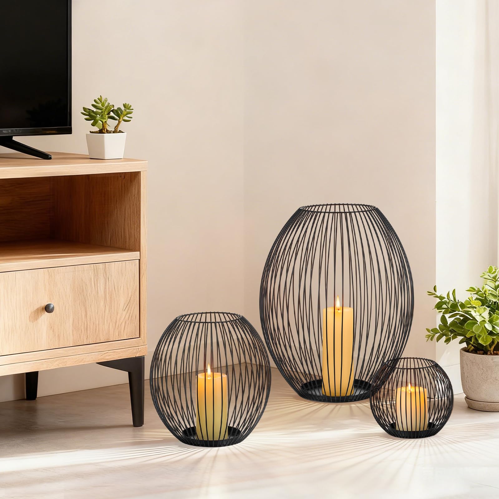 Sziqiqi Windlicht Groß Schwarz Metall: 45/30/15 cm Kerzenhalter Laternen Boden für Stumpenkerzen - Kerzenständer Modern Hoch 3er Set für Home Deko Wohnzimmer Balkon Badezimmer Weihnachten