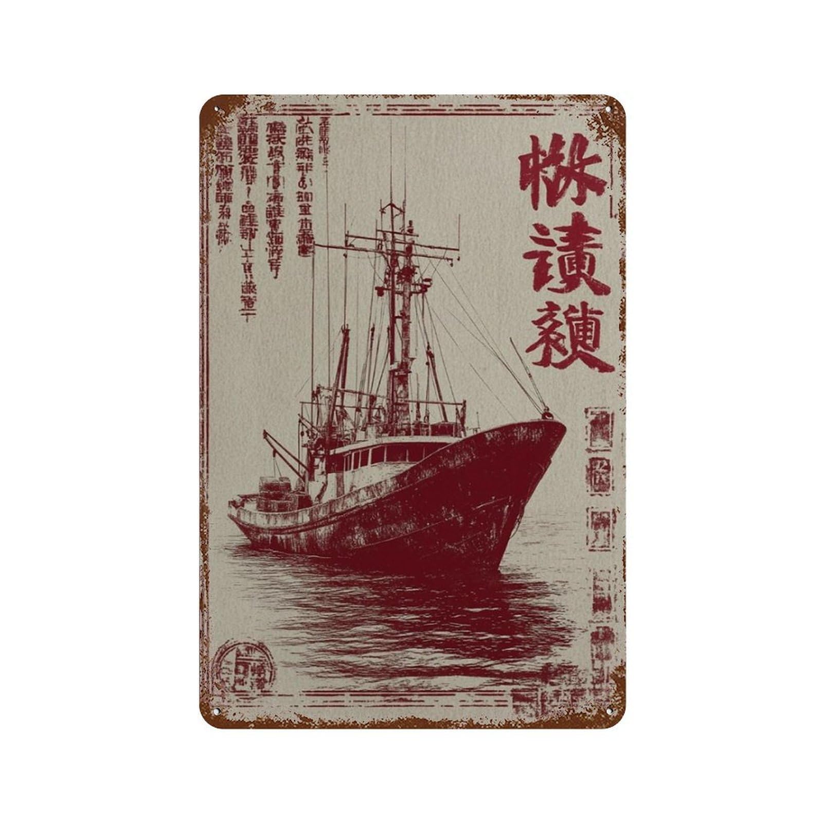 xiaoxiaoshen Japanese Fishing Boat Maritime Red Ink Ship Asian Style Nautical Wall Decor Art Metal Tin Poster Modern Home Decor Art Home Bar Shop Decorations Vintage Sign 30x20cm