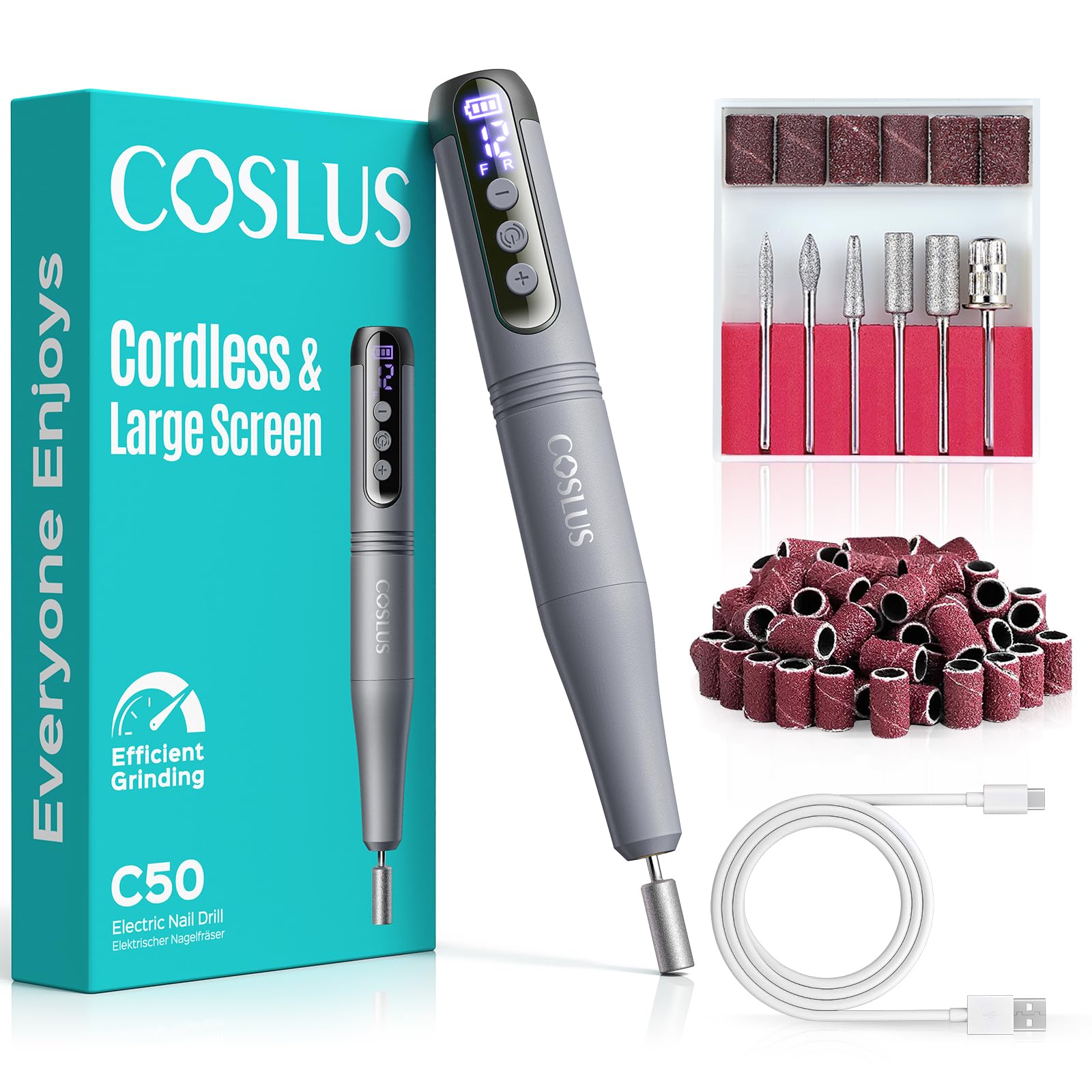 COSLUS C50 Nagelfräser Kabellose Elektrische Nagelfeile: 12-stufiger Nagelfräser mit LED-Display für Gelnägel, Acryl-Gel-Dip-Pulver-Entfernung, Nageldesign-Übung, Heim-DIY & Reisenutzung,Dunkelgrau