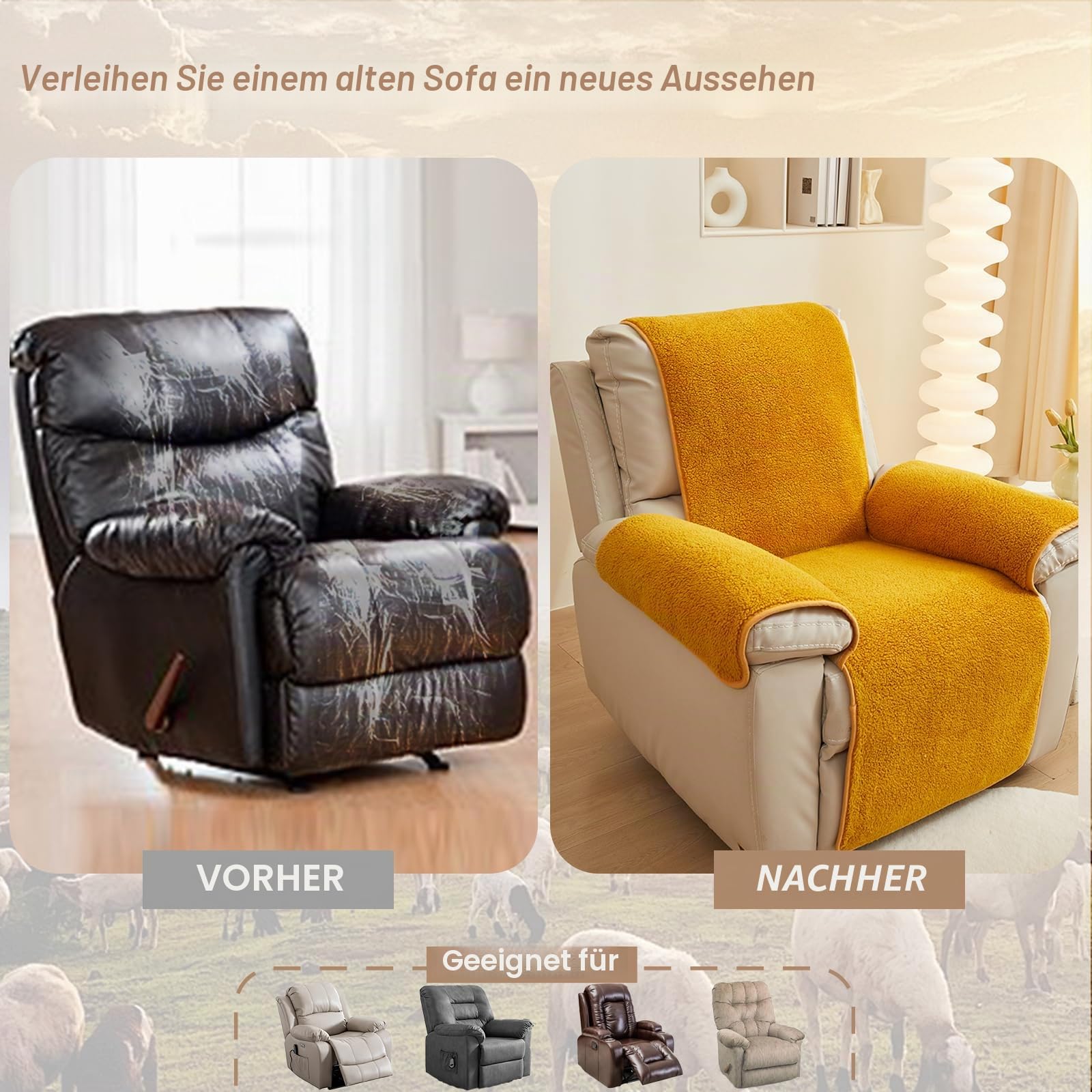Sofa Armlehnenbezüge, Sesselschoner Sesselauflage, Fernsehsessel Schutzbezug Anti-Rutsch, Headrest Protectors for Recliners für Zuhause mit Kindern und Haustieren Hund (Gelb,56X207cm)