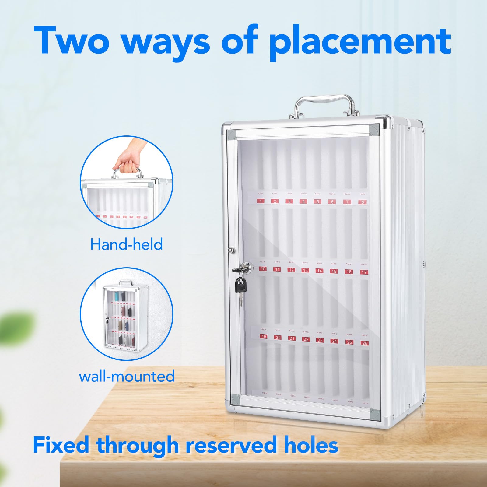 Garvee Handy-Aufbewahrungsschrank 36 Handys, Handy Safe mit Schloss, Wandmontage & Tragbarer Handy-Organizer, Aluminiumlegierung, Silber