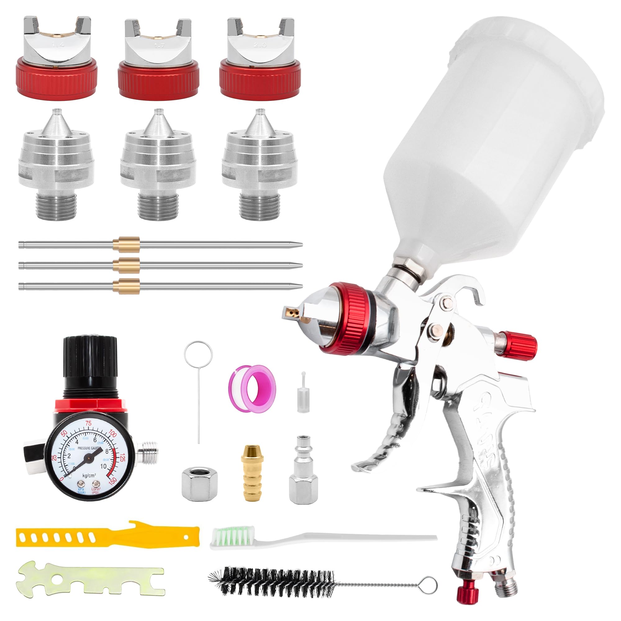 HVLP Luftspritzpistolen-Set, Automobil-Schwerkraftzufuhrfarbe mit 1,4, 1,7, 2,0 mm Düsensets, 600 cc Tasse, Kompressorregler für Auto und Ausbesserung