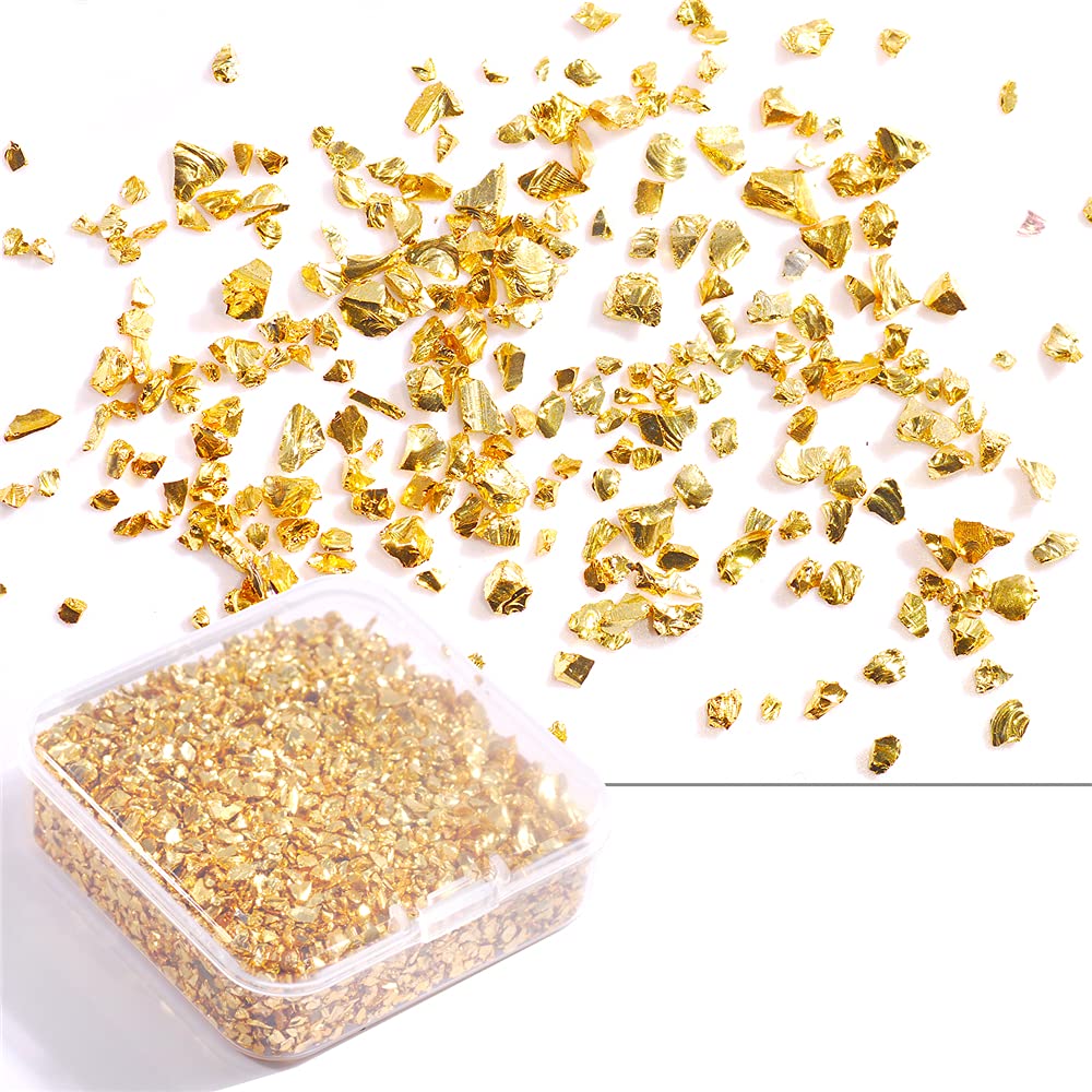 2-4MM Craft Glitter Crushed Glass Irregular Stone Chunky Sequins Iridescent Flakes for Craft DIY Vase Filler Epoxy Nail Art Accessories 80G/Box (Gold)