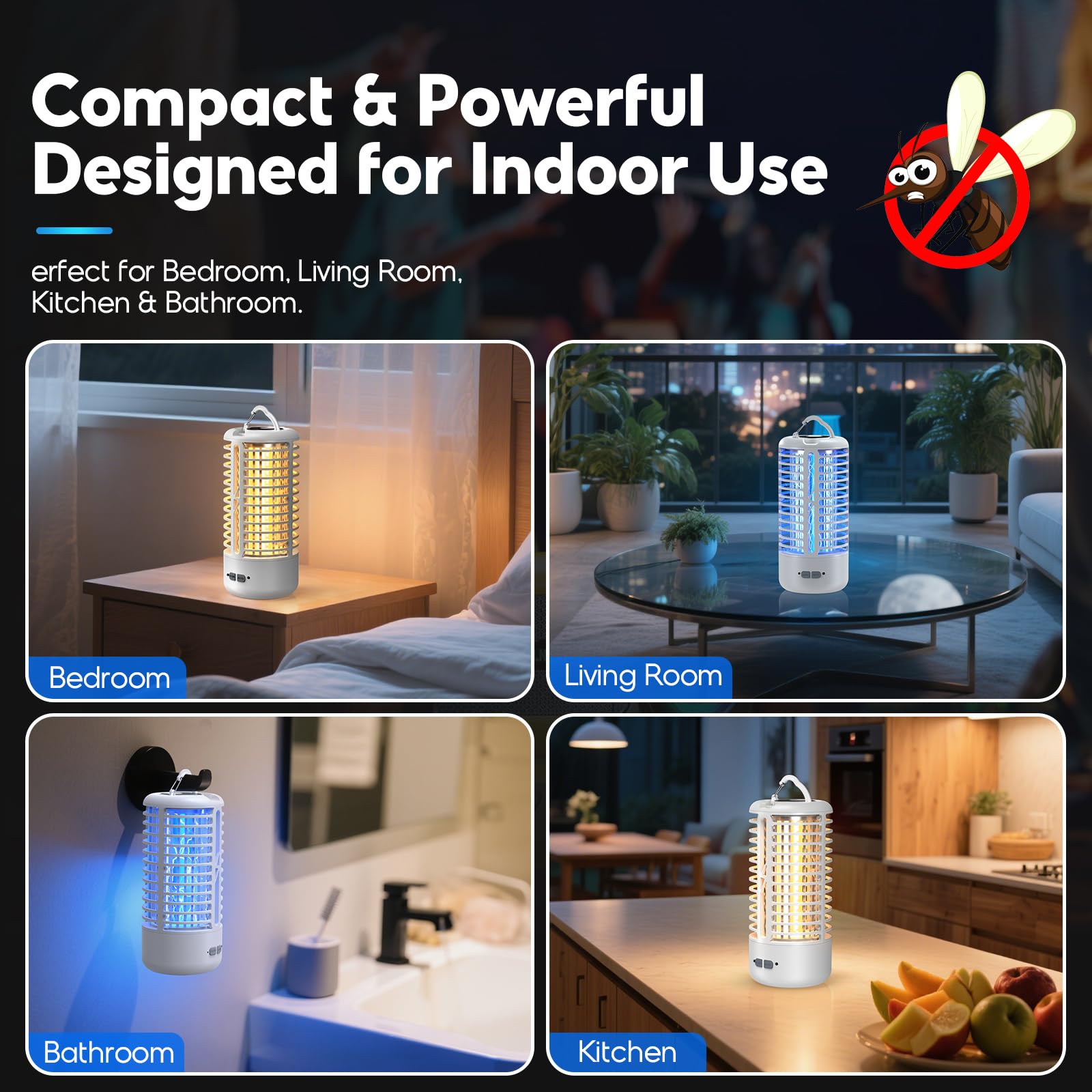 Mückenlampe, Mückenschutz, Anti Mücken Lampe, Insektenvernichter Elektrisch, Wiederaufladbare LED-Lampe, 3000V UV Elektrische Fliegenfalle, IPX4 Wasserdichter für Innen & Außen (Weiß)
