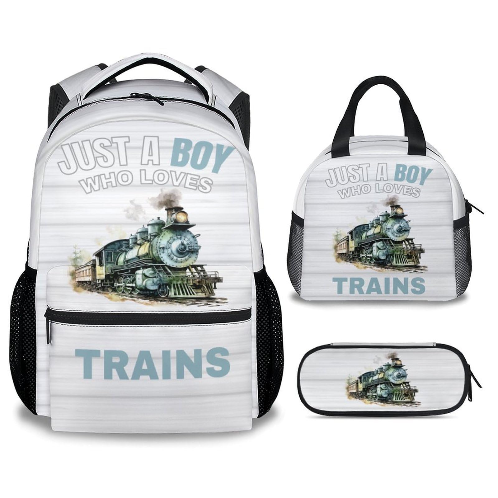 AIOMXZZ Train Backpack with Lunch Box Set for Boys, 3 in 1 School Backpacks Matching Combo, Cartoon Blue Bookbag and Pencil Case Bundle