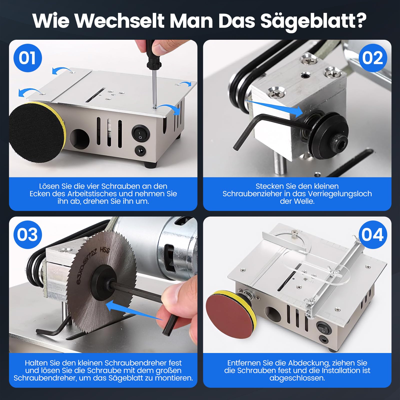 Mini sega circolare da tavolo con disco per lucidatura e 4 lame, mini sega circolare con alimentatore di rete a 7 marce, lama per sega regolabile da 0,1 a 15 mm, sega circolare portatile piccola per