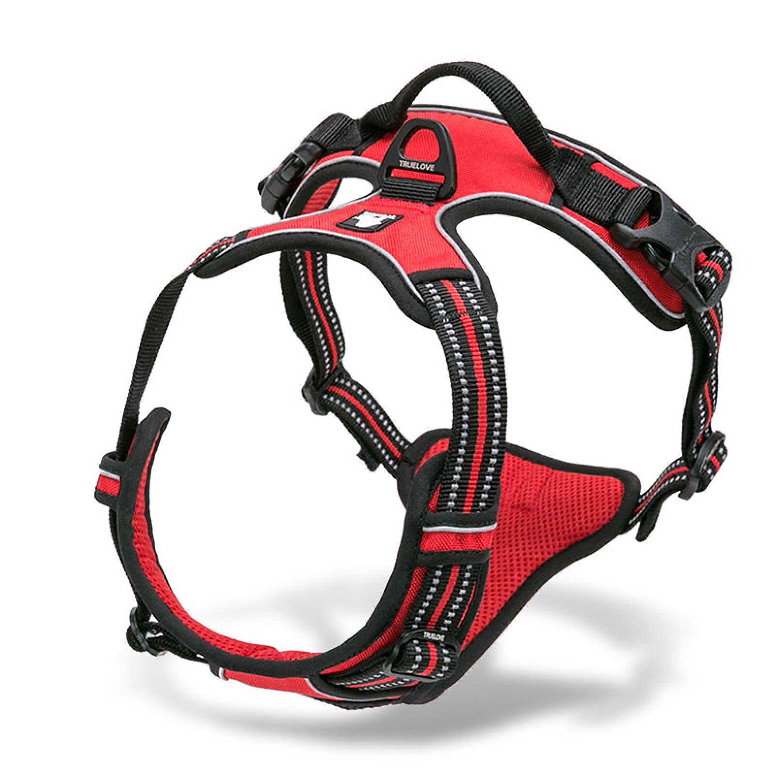 Reflektierendes Nylon-Hundegeschirr, für alle Wetterbedingungen, V-f?rmig, gesteppt, verstellbar, Sicherheitsauto, mit Leine, Leder, XL81-107 cm, Rot