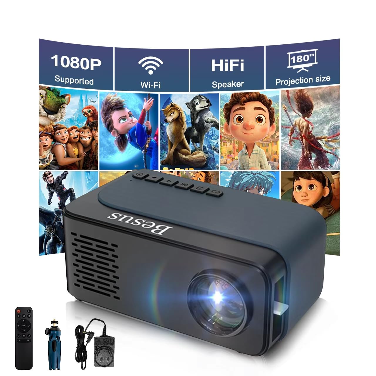 Mini Projector, HD 1080P WiFi Video Projector, Portable Outdoor Projector with Tripod, Gift for Kids, Home Theater Movie Phone Projector Compatible