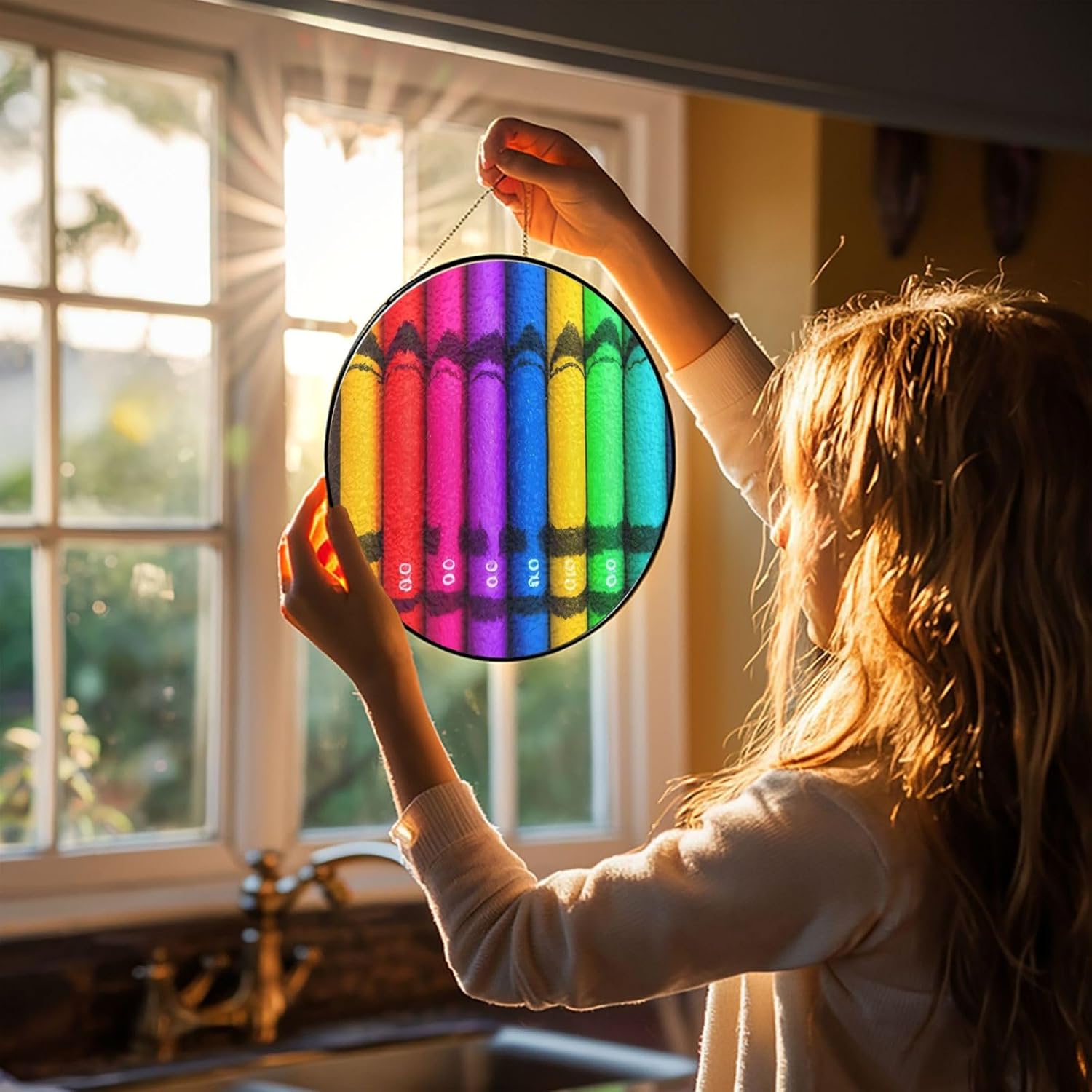 Stained Glass Window Hanging Colored Crayons Sun Catchers Indoor Outdoor Decor Window Suncatcher Door Garden Sunroom Sun Catcher Home Decor Birthday Christmas for Mom Men