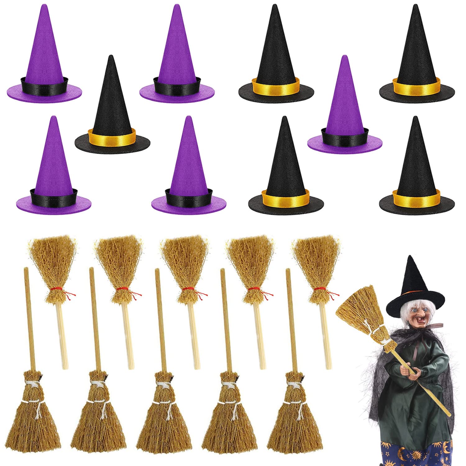 HLQHXWHZTMini Witch Hats and Mini Broom Halloween Decorations Witch Craft Miniatures Halloween Mini Wine Bottle Toppers Cap Covers Wizard Hat Accessory for Halloween Party