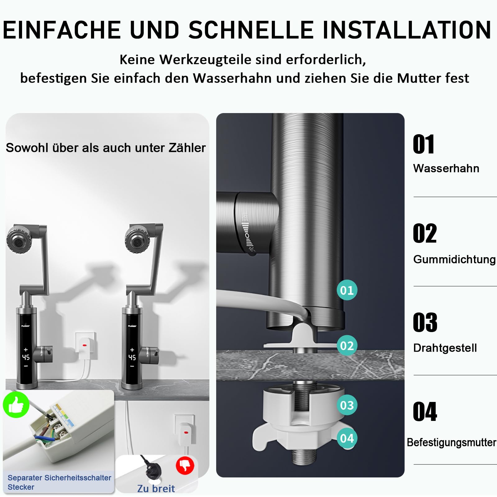 Wasserhahn mit Durchlauferhitzer für Küche, Bad, Edelstahl-Warmwasserhahn Versorgung Heiß- und Kaltwasserhahn mit Digitalanzeige, 230v Elektrische Wasserhahn (Mechanischer Auslauf)