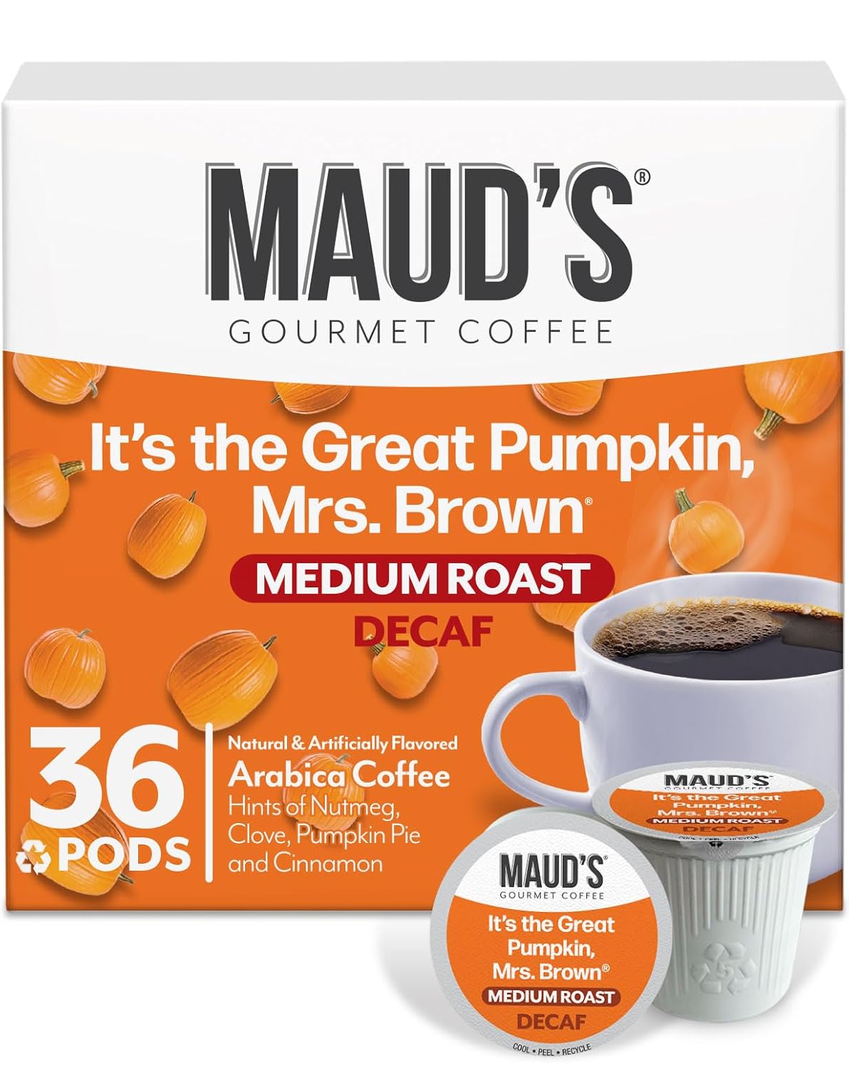 Maud’s Decaf Pumpkin Spice Flavored Coffee Pods, 36 ct, Medium Roast Flavored Coffee in Recyclable Single Serve Pods – 100% Arabica Beans, Compatible with Keurig K Cups Maker Maud’s Decaf Pumpkin Spice Flavored Coffee Pods, 36 ct, Medium Roast Flavored Coffee in Recyclable Single Serve Pods – 100% Arabica Beans, Compatible with Keurig K Cups Maker