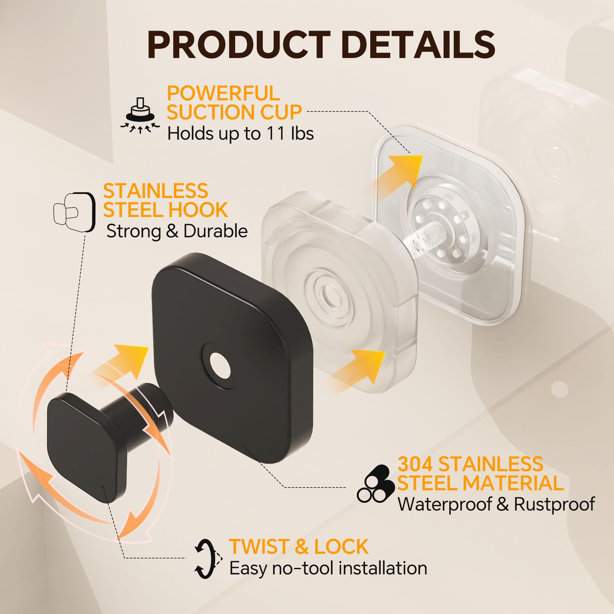 4 Pack Stainless Steel Suction Cup Hooks for Shower Removable No Drill Towel Hooks for Bathroom Glass Door — view 4