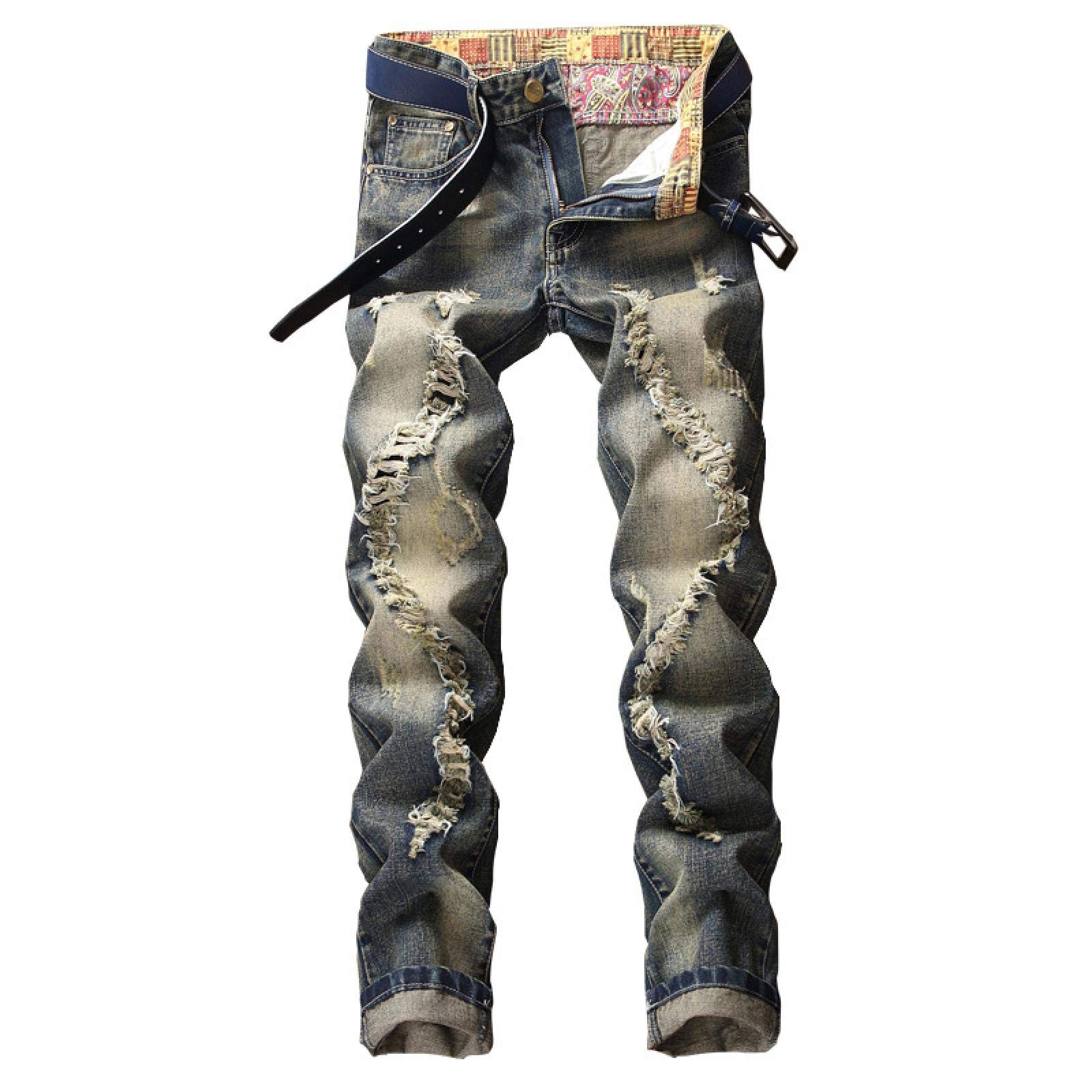 WQZYY&ASDCD Jeans Pantalon Herren Jeans Denim Gerades Loch Retro Alte Persönlichkeit Bettler Große Trendhose