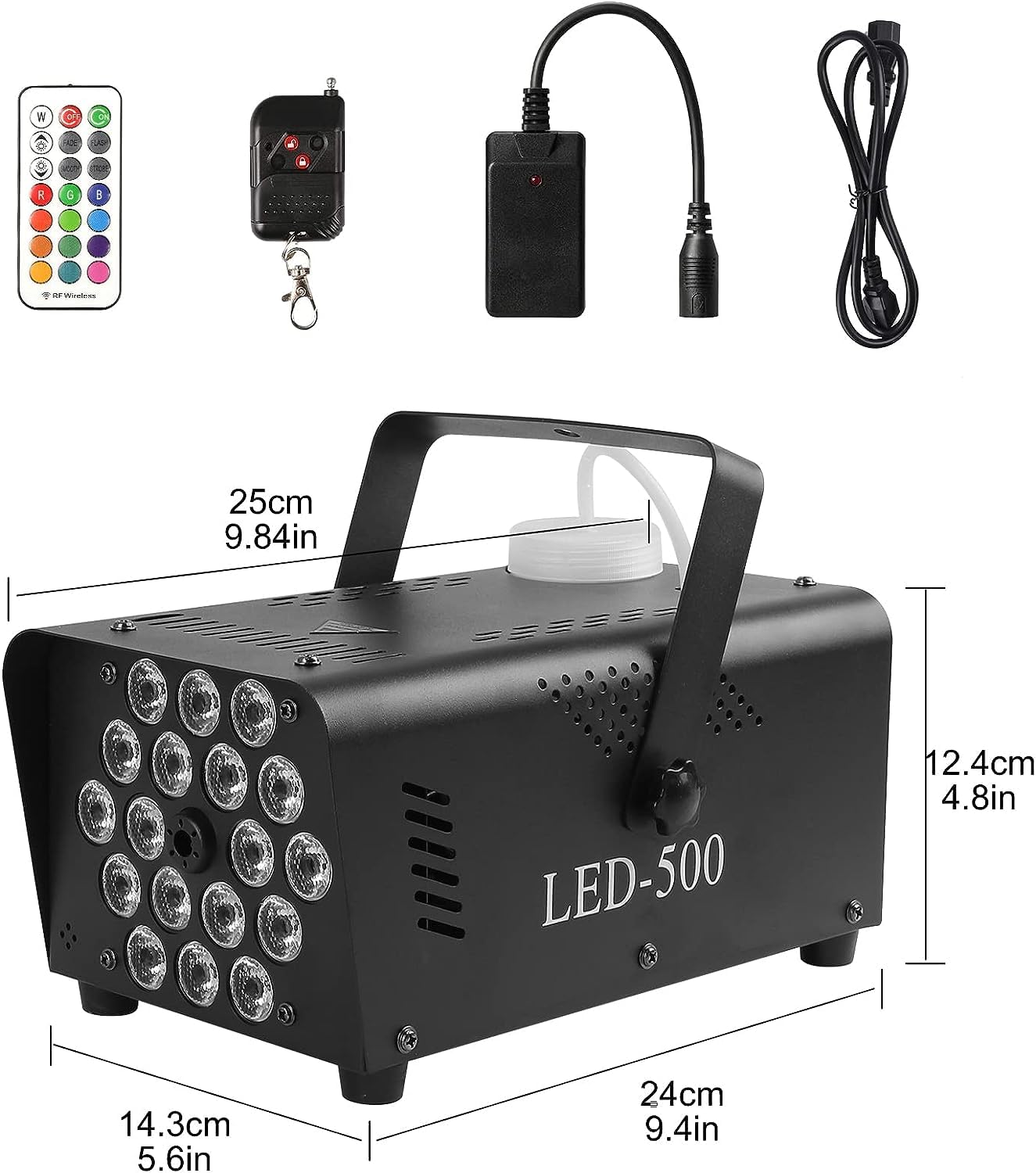 Máquina de Humo Niebla con LED Luces de Fiesta Coloridas, 500W Maquina Humo Disco Portátil con Automático y Control Remoto Inalámbrico de Niebla para Halloween, Navidad, Bodas, Cumpleaños ect. (18LED)