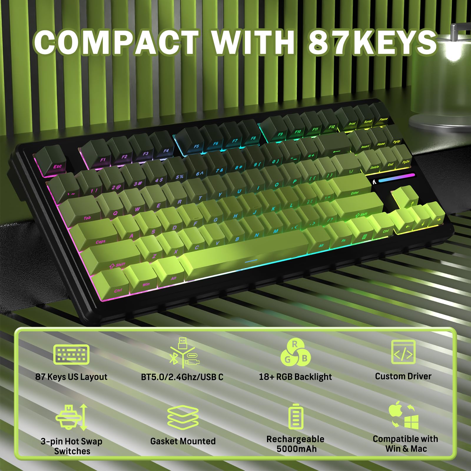 ATTACK SHARK M87PRO Clavier De Jeu Mécanique sans Fil Tkl, BT5.0/2.4G/USB-C Filaire, Clavier RGB à Échange à Chaud, 5000mAh, Disposition Américaine, Impression Latérale Dégradée - Matcha