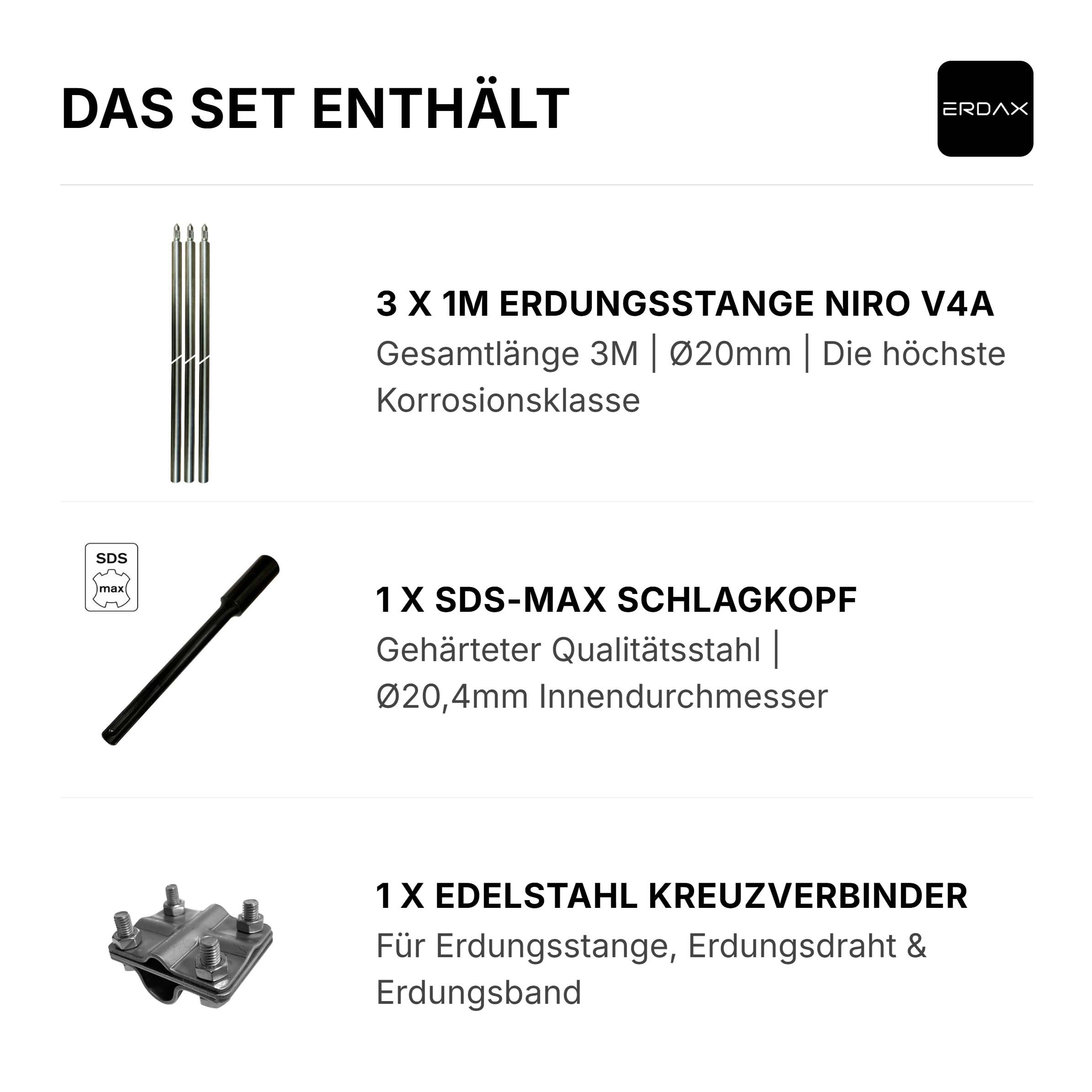 Tiefenerder V4A Set 3x 1m - Erdungsstangen 20mm Durchmesser aus Edelstahl + SDS Max Eintreiber + Kreuzerder Klemme - Erdungsstab für Erdungskabel PV Anlage Staberder 1m Erdung Komplettset