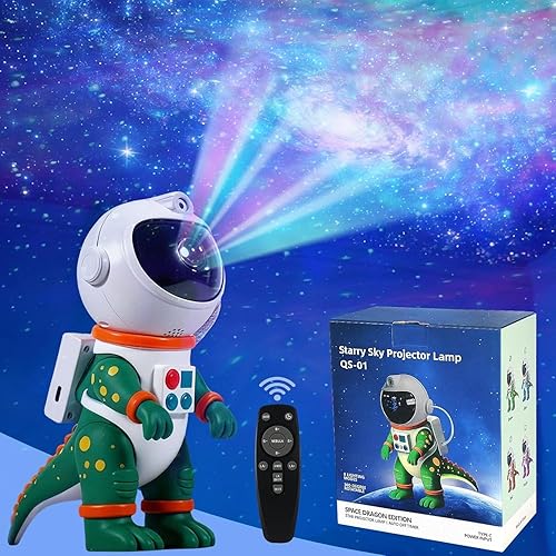 Galaxy Star Projection Night Light, Dinosaur Astronaut Space Projector with Timer, Remote Control, 8 Lighting Modes, Green Nebula Effects for Kids