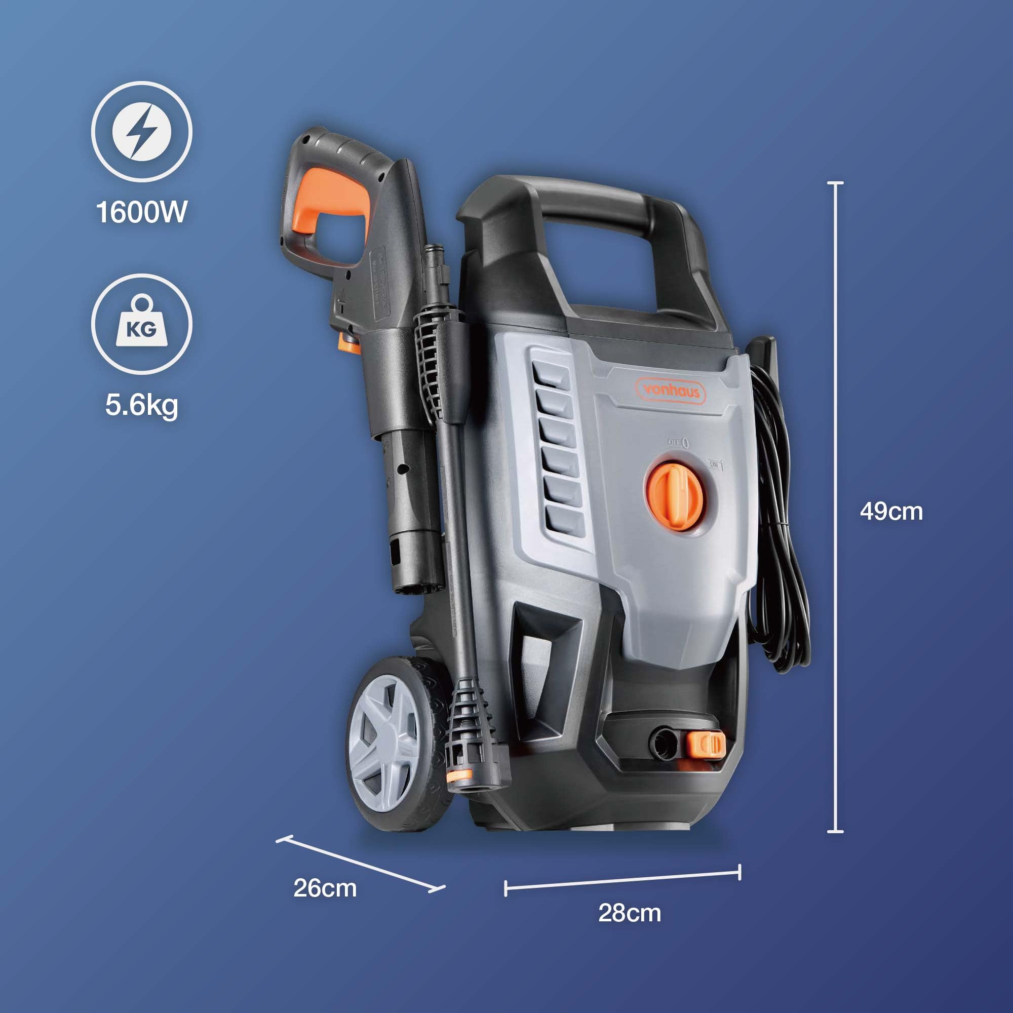 VonHaus Idropulitrice Elettrica 1600W, Con Set di 7 Accessori, Portatile | Idropulitrice ad Alta Pressione max.130 bar, Portata d'acqua 390 l/h, Con Tubo 5m per Auto, Patio e Muri