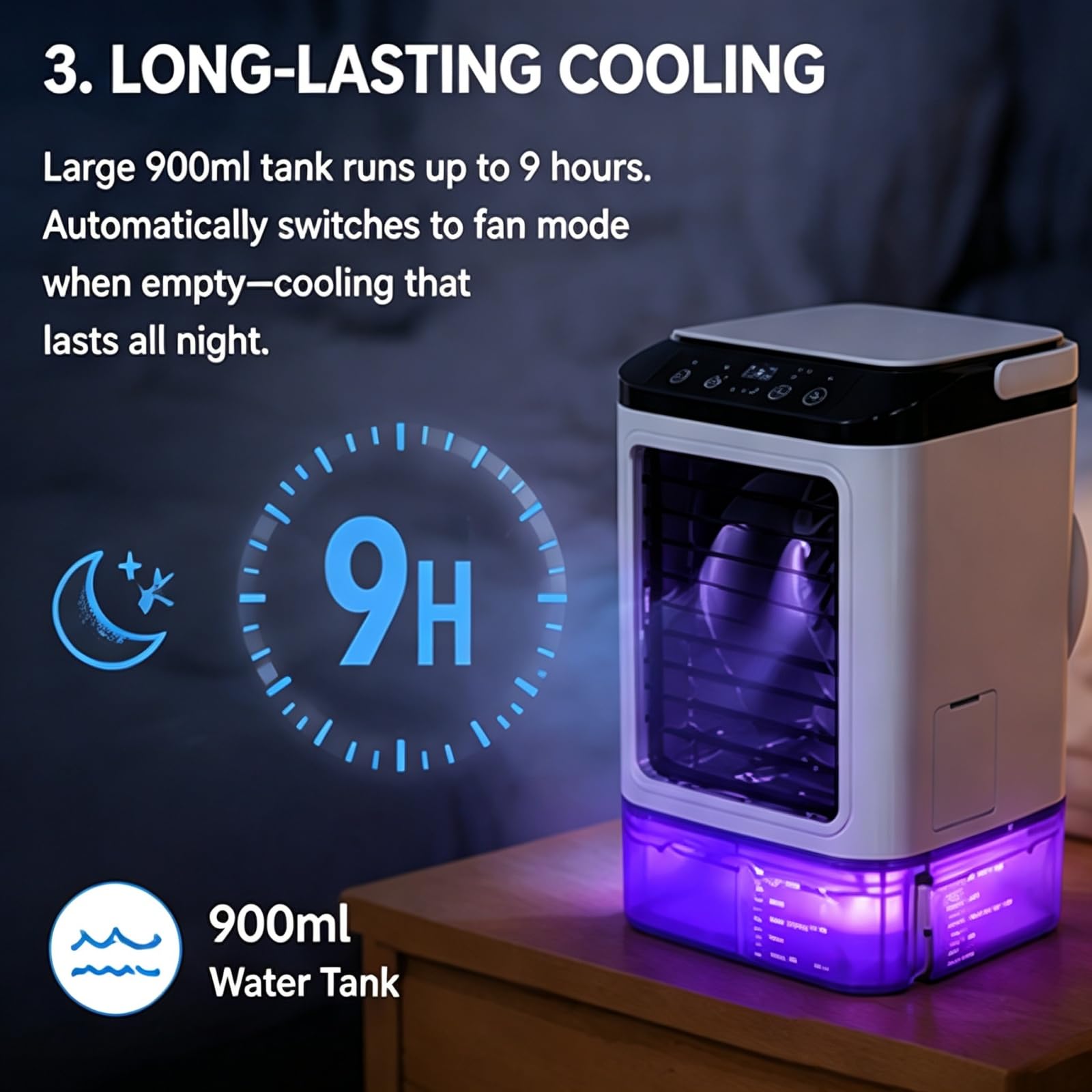 Condizionatori d'aria portatili, ventola di raffreddamento CA silenziosa a 3 velocità (senza spruzzo) | Doppia ghiacciaia riutilizzabile con modalità Boost per un comfort istantaneo, sfuggire al caldo estivo torrido in 3 secondi