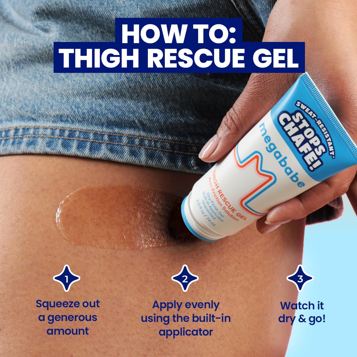 Megababe Thigh Rescue Gel | Clear Anti-Friction Barrier for Chafing | Sweat-Resistant | No-Mess Applicator | Thighs, Bra-Lines & More | 2.5 fl oz - 5