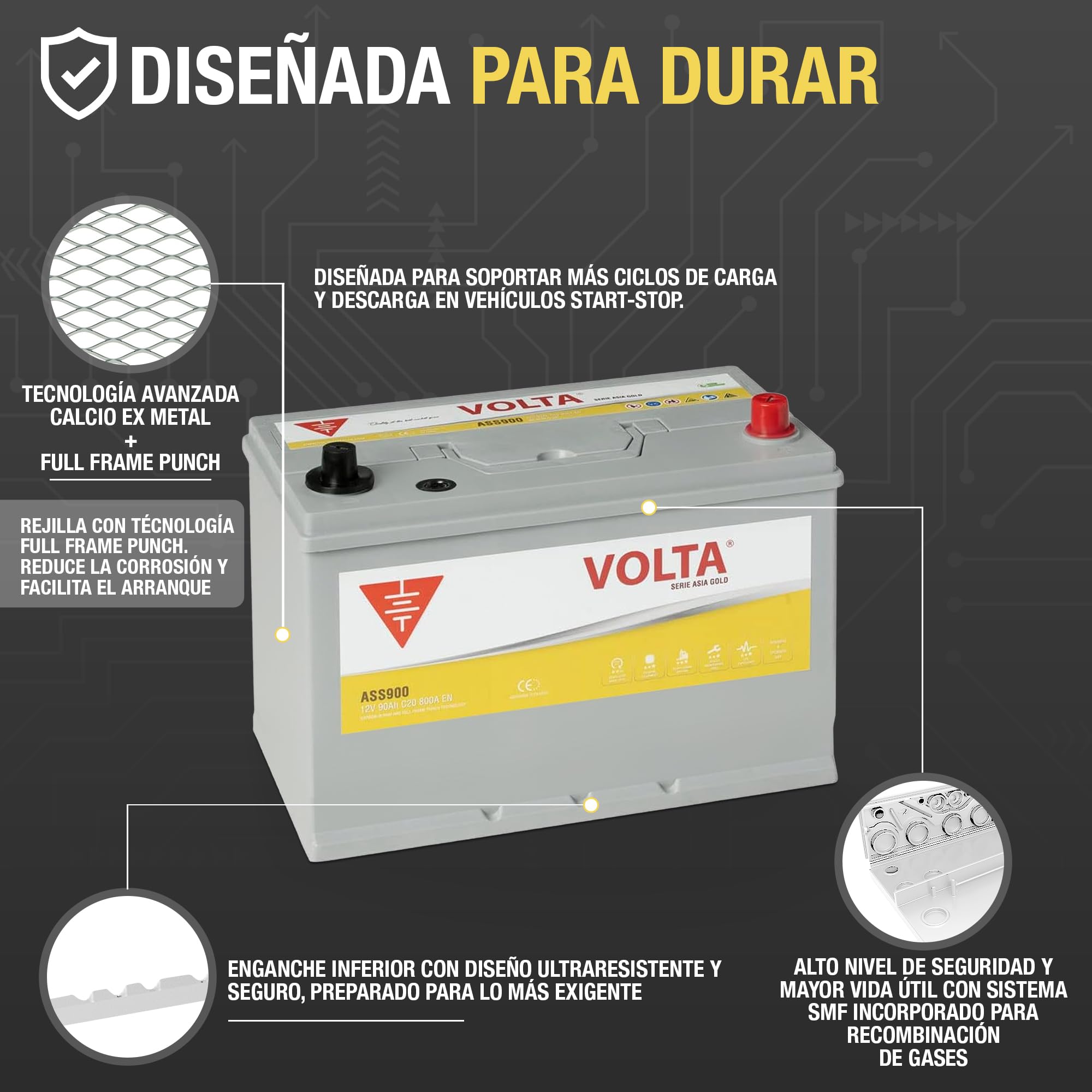 Batería de Coche Start-Stop EFB 90Ah 800 AEN - Volta Gold Asia ASS900D - Sistema Start-Stop - Borne +Derecha - Medidas Largo 306 x Ancho 176 x Alto 225 mm con 2 Años Garantía - Fabricación Europea
